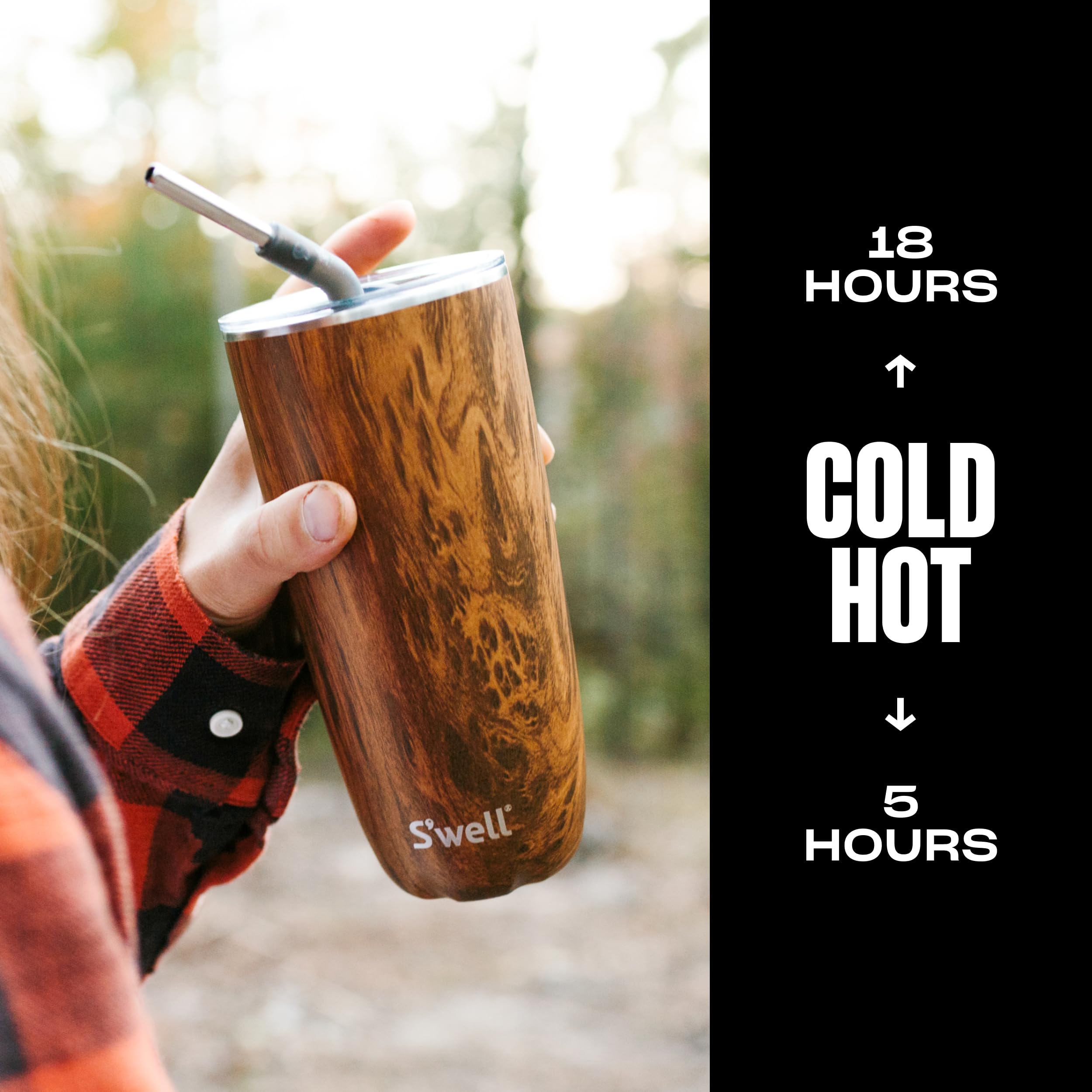 S'Well Stainless Steel Tumbler With Straw And Slide-Open Lid, 24Oz, Teakwood, Triple Layered Vacuum Insulated Containers Keeps D
