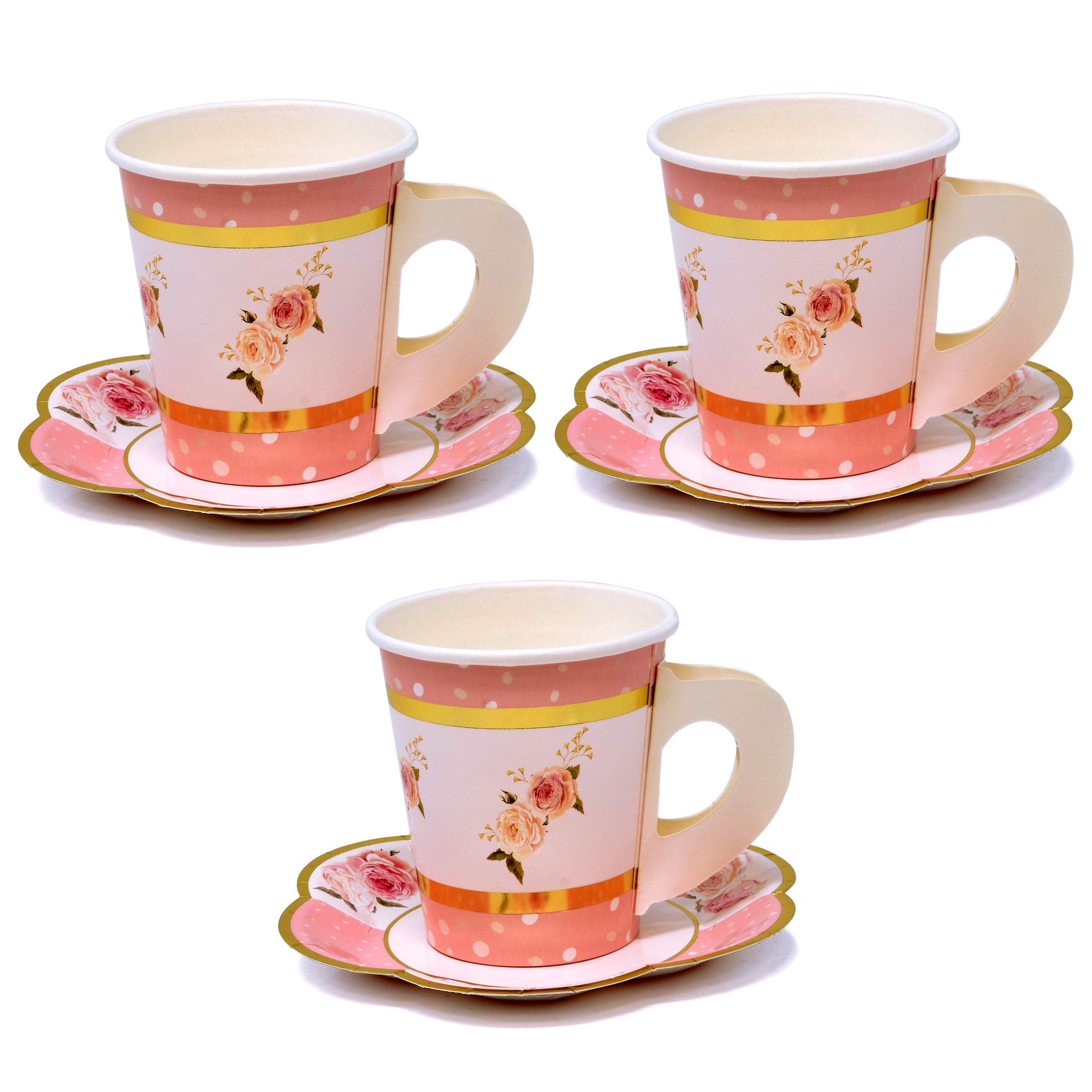 Gift Boutique 36 Paper Tea Cups 5 Oz. Disposable 36 Saucers 5 '' Floral Shaped Plate Teacup Set With Handle For Kids Adults Birt