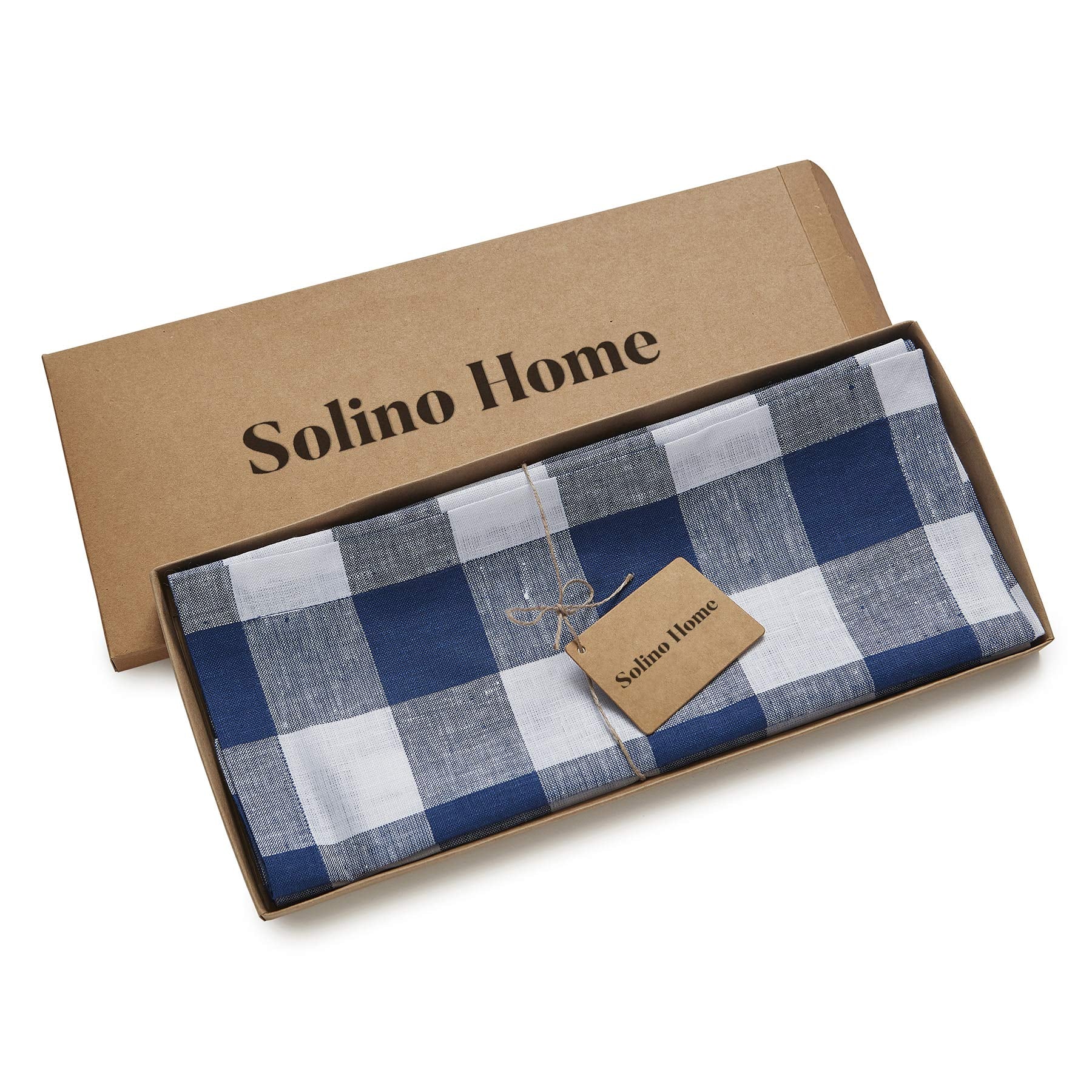 Solino Home Buffalo Check Linen Table Runner 60 Inch - 100% Pure Linen Blue And White Plaid Table Runner 14 X 60 Inch Ideal For