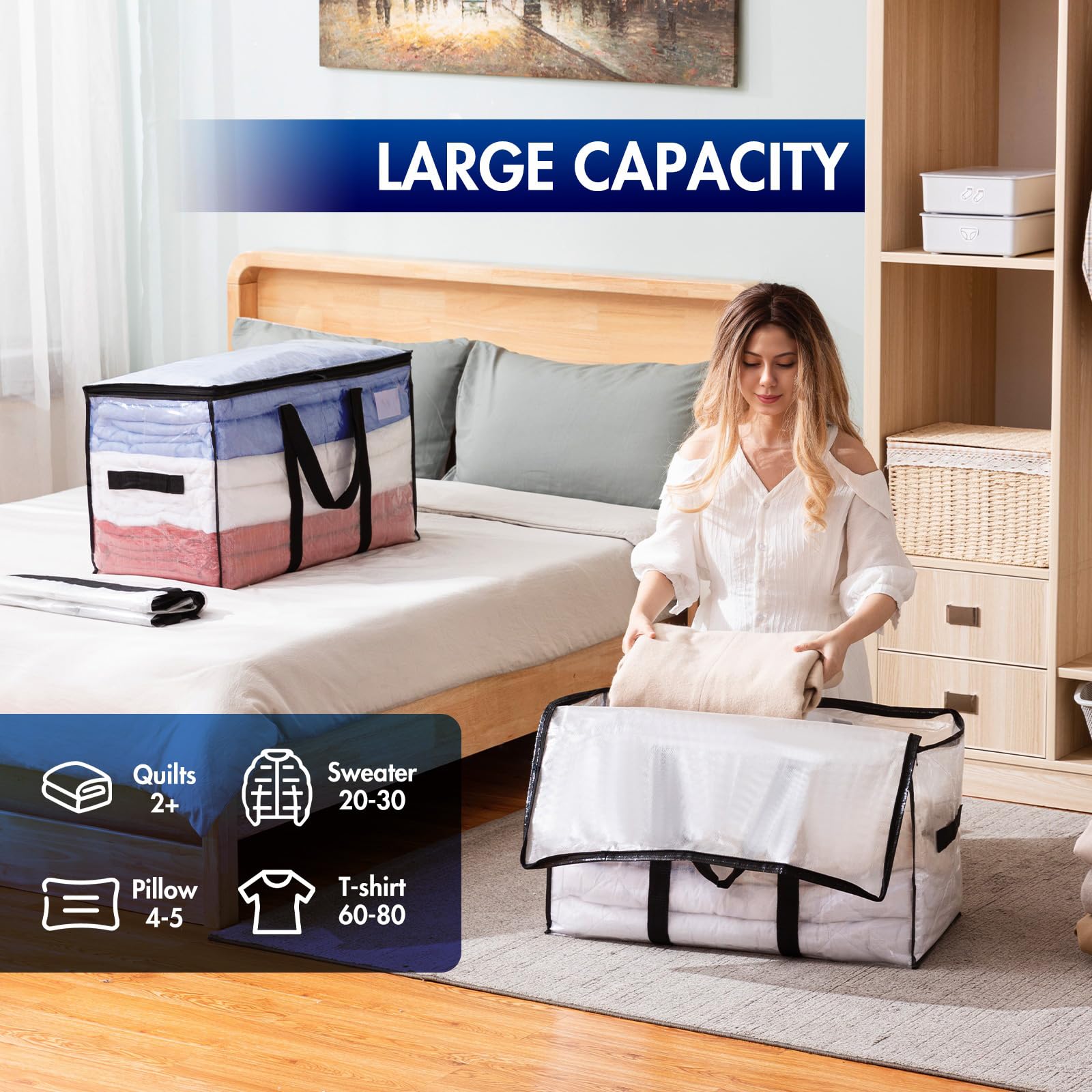 Taili Extra Large Moving Bags, 2 Pack Clear Heavy Duty Totes For Storage, Wrap Around Handles, Storage Bags For Space Saving Mov