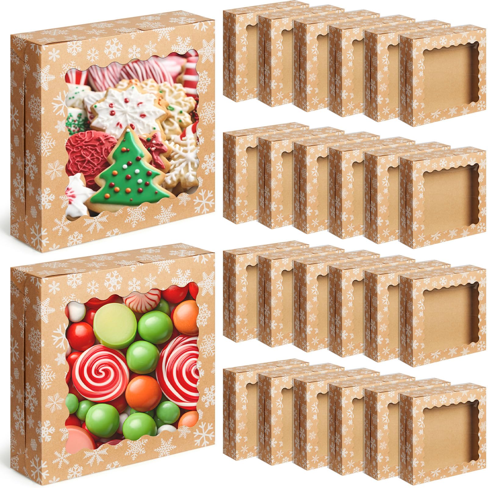 FoldTier 24 Pcs Kraft Christmas Cookie Boxes with Window Bulk 9 x 9 x 2.5 Inch Xmas Snowflake Bakery Gift Boxes for Christmas Pa