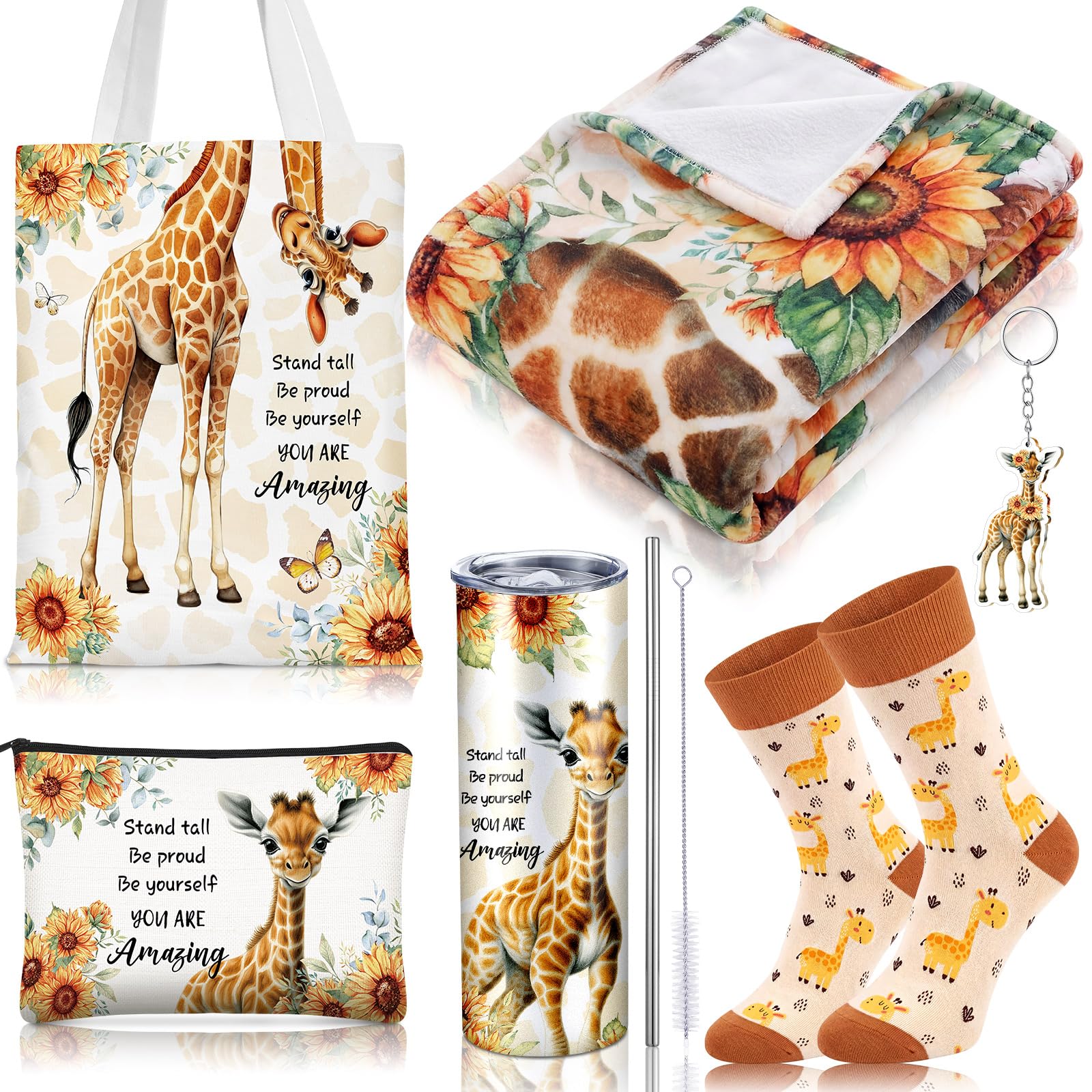 Tiangrid 6 Pcs Giraffe Gifts for Women Include 20 oz Stainless Steel Tumbler with Lid and Straw Cosmetic Bag Throw Blanket Keych