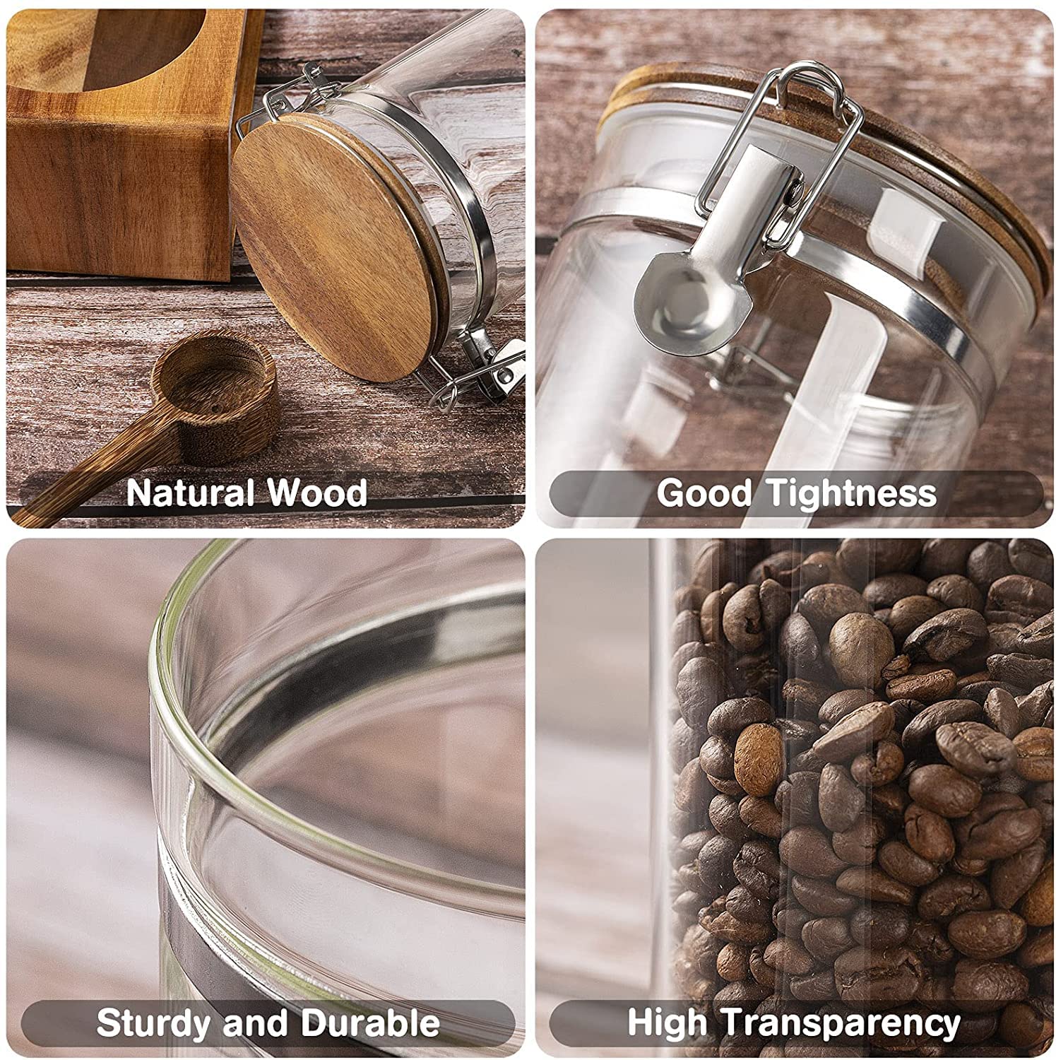 Yangbaga Glass Coffee Containers With Shelf, 2 X 45Oz Coffee Bean Canister Storage Station Organizer With Airtight Locking Clamp