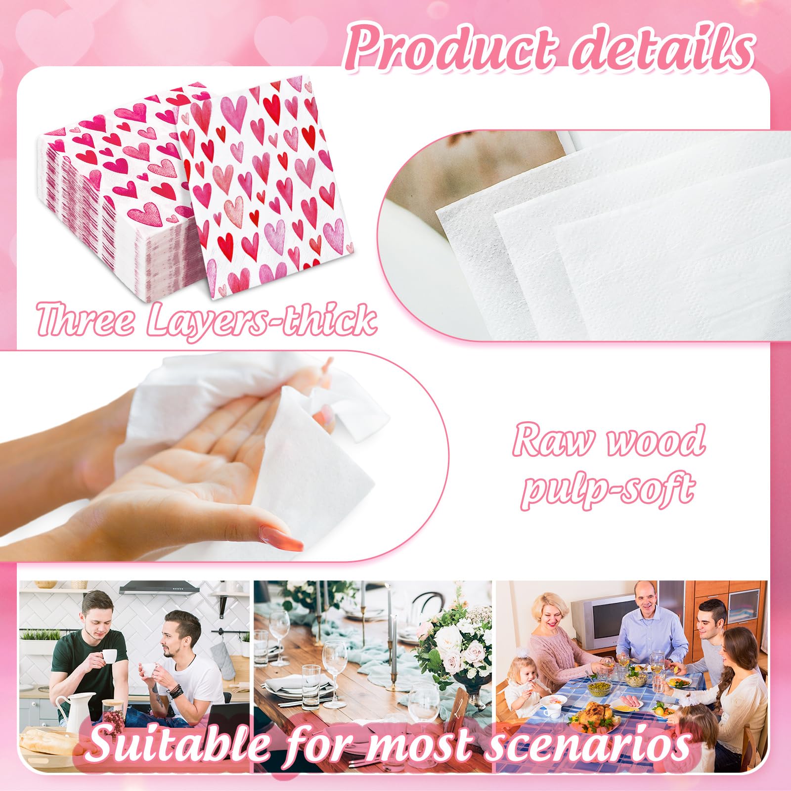 Anydesign 100Pcs Valentine'S Day Paper Napkins Disposable Pink Watercolor Love Heart Luncheon Napkins Dinner Hand Napkins For Pa