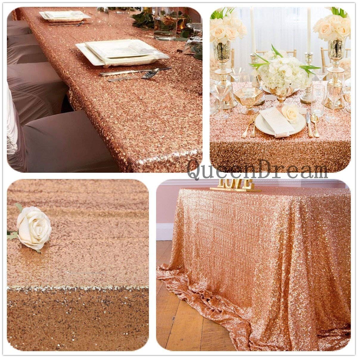 QueenDream Rose Gold Table Cloth 60x102 Inches Sequin Tablecloth for Parties Sparkle Fabric Table Cloth for Sweet 16 Birthday Pa