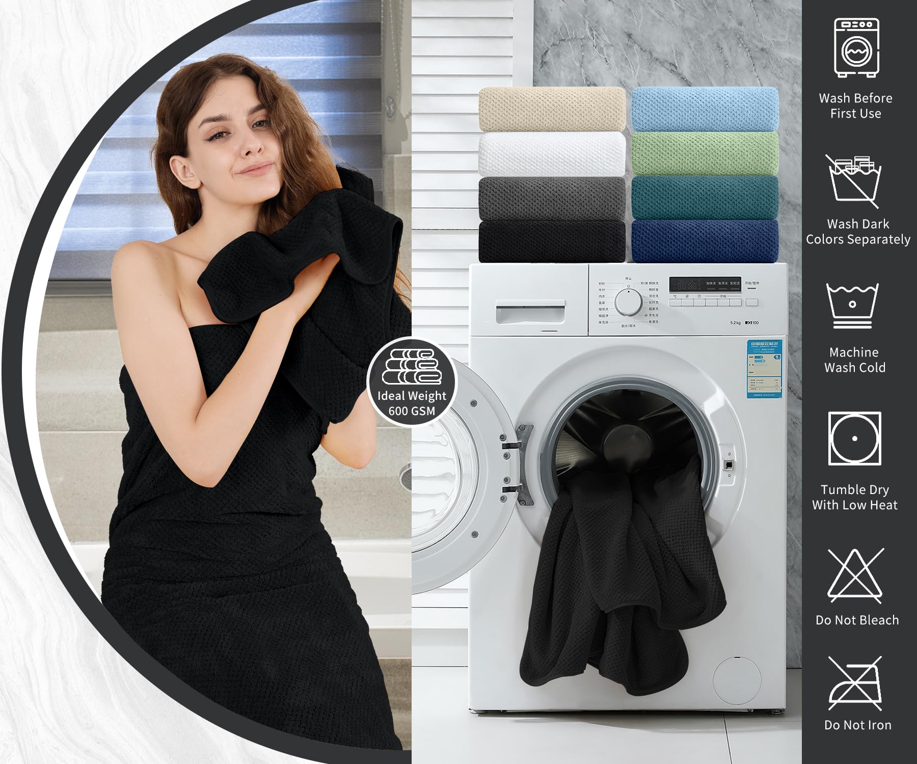 8 Piece Bathroom Towel Set Black |2 Oversized Large Bath Towels Sheet 2 Hand Towels and 4 Washcloths| 600GSM Ultra Soft Luxury Premium Towel Set Highly Absorbent Quick Dry Hotel Towel Collection
