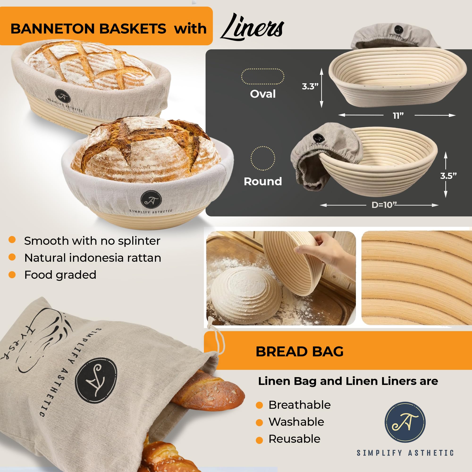 Premium Banneton Bread Proofing Baskets - 11Oval &10Round Sourdough Proofing Basket With Liners - Sourdough Starter Jar Kit