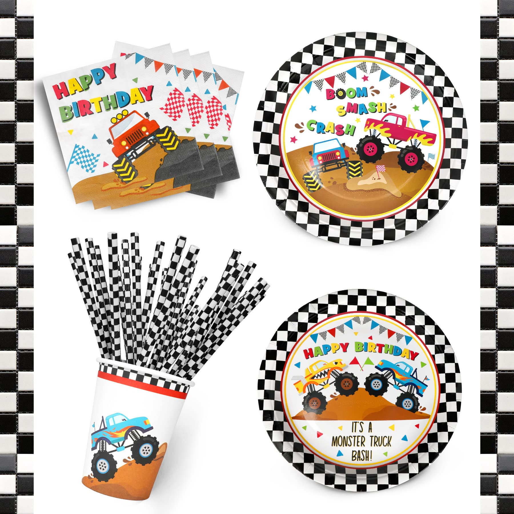Monster Truck Party Supplies Decorations, Kids Birthday Paper Plates And Napkins Set With Cups And Straws For 24 Guests, 120 Pcs
