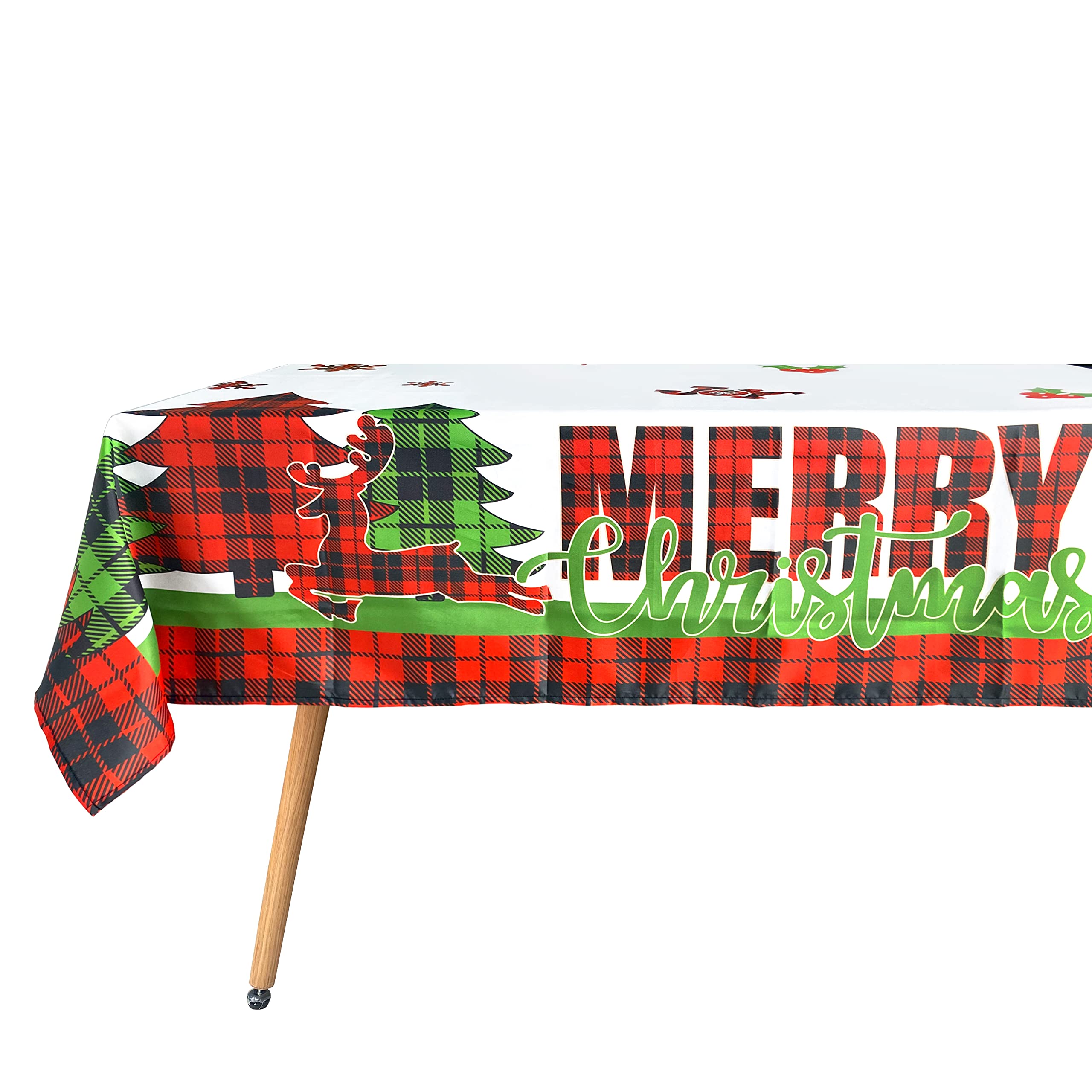 Pinkblume 4.3X9Ft Christmas Tablecloth Rectangle Buffalo Plaid Xmas Tree Red Truck Joy Merry Christmas Sign Reindeer Snowflake H
