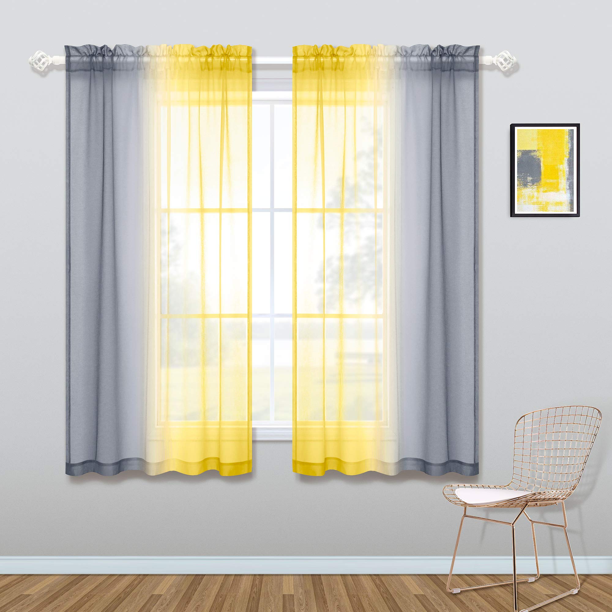 KOUFALL Kitchen Curtains Grey and Lemon Yellow Summer Decor Ombre Sheer Short Curtains for Bathroom Small Windows Sunflower Yell