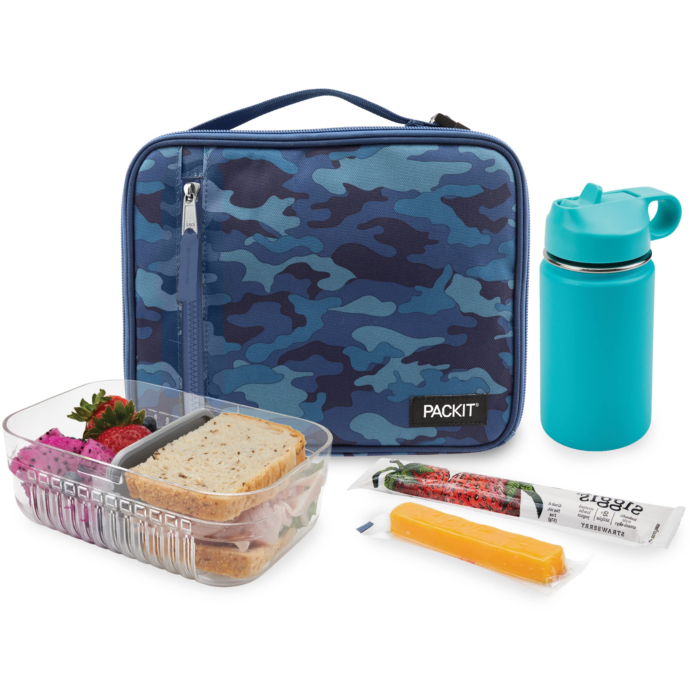 Packit Freezable Classic Lunch Box, Blue Camo, Built With Ecofreeze Technology, Collapsible, Reusable, Zip Closure With Zip Fron