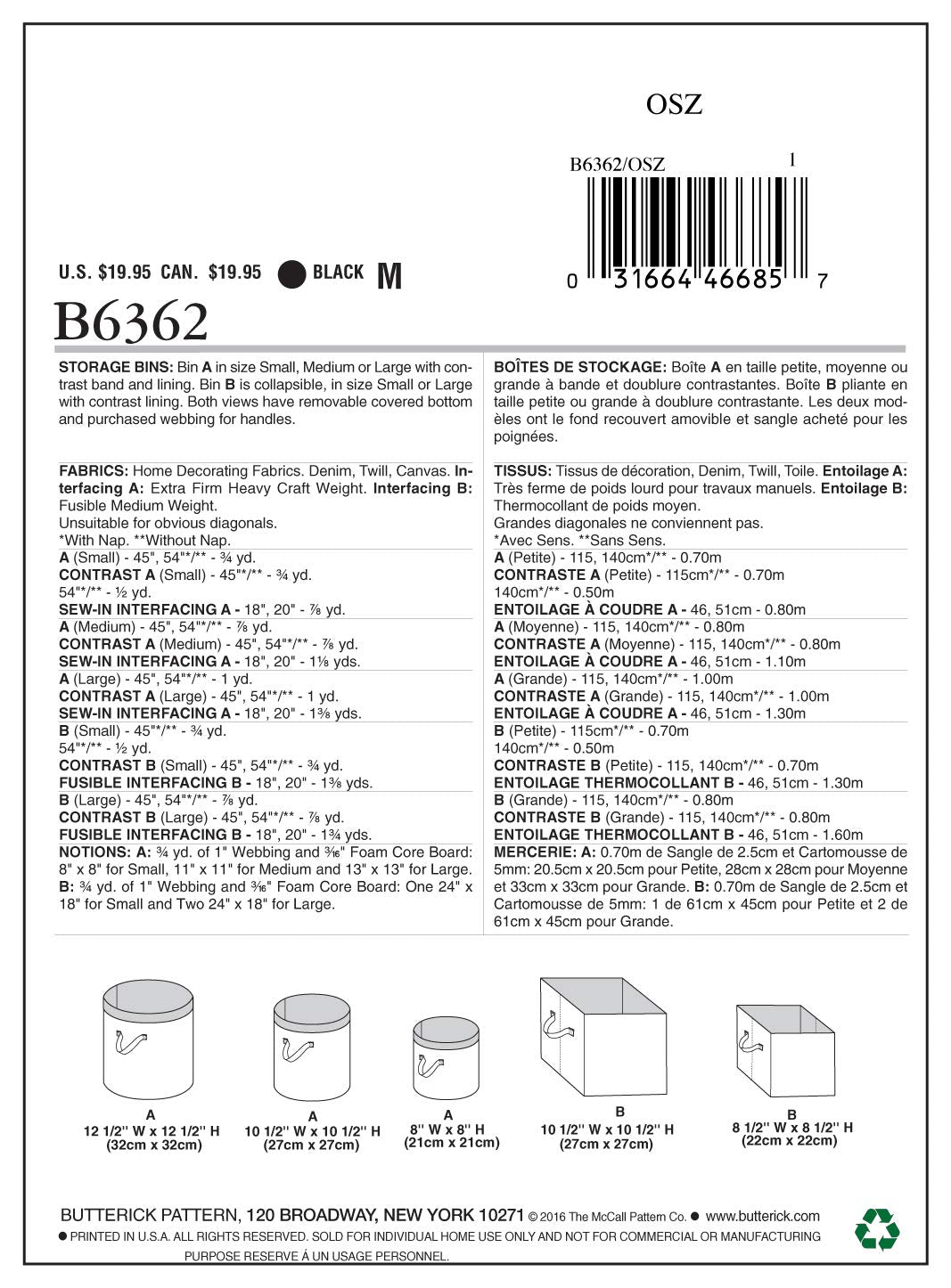 Butterick Waverly Cylindrical And Rectangular Storage Bin Sewing Patterns, One Size