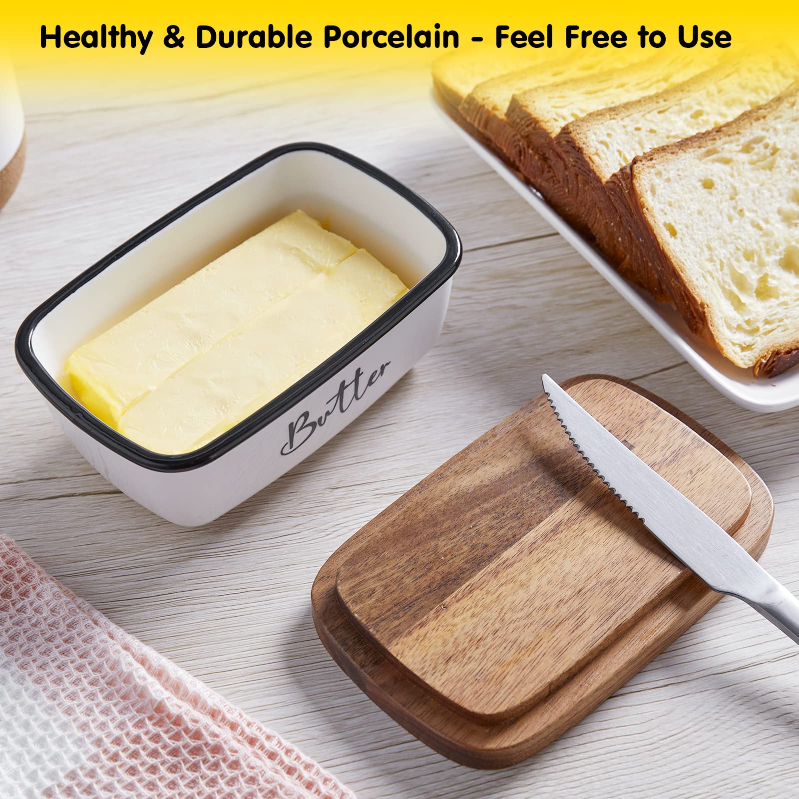 Butter Dish With Lid, Alelion Large Ceramic Butter Dish With Lid For Countertop, Butter Keeper With Thick Acacia Wood Lid, Kitch