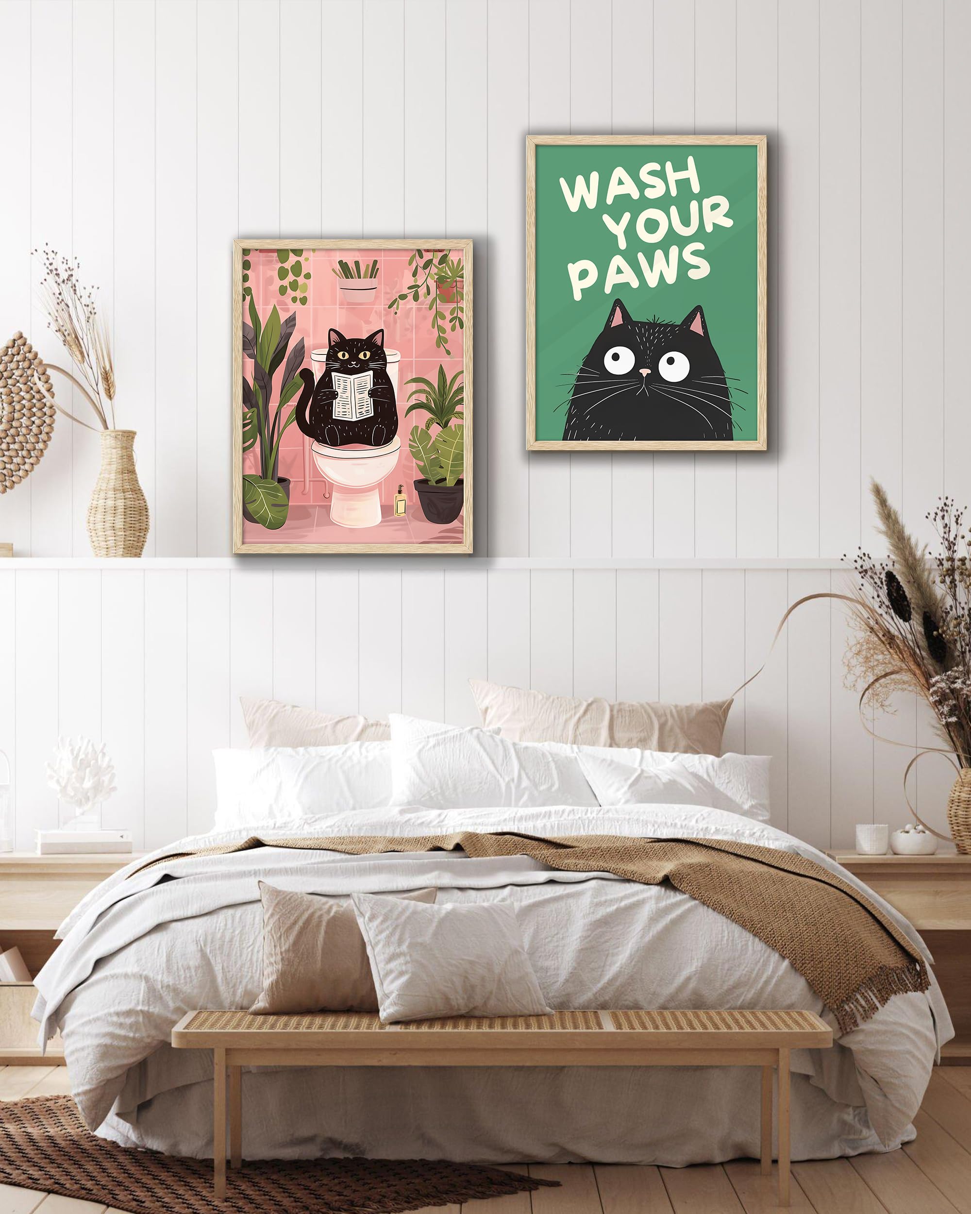 Upwoigh Beige Oak Framed Wall Art Decor, Black Cat Wash Your Paws Funny Wall Art, Waterproof Wood Framed Canvas Wall Art Animals