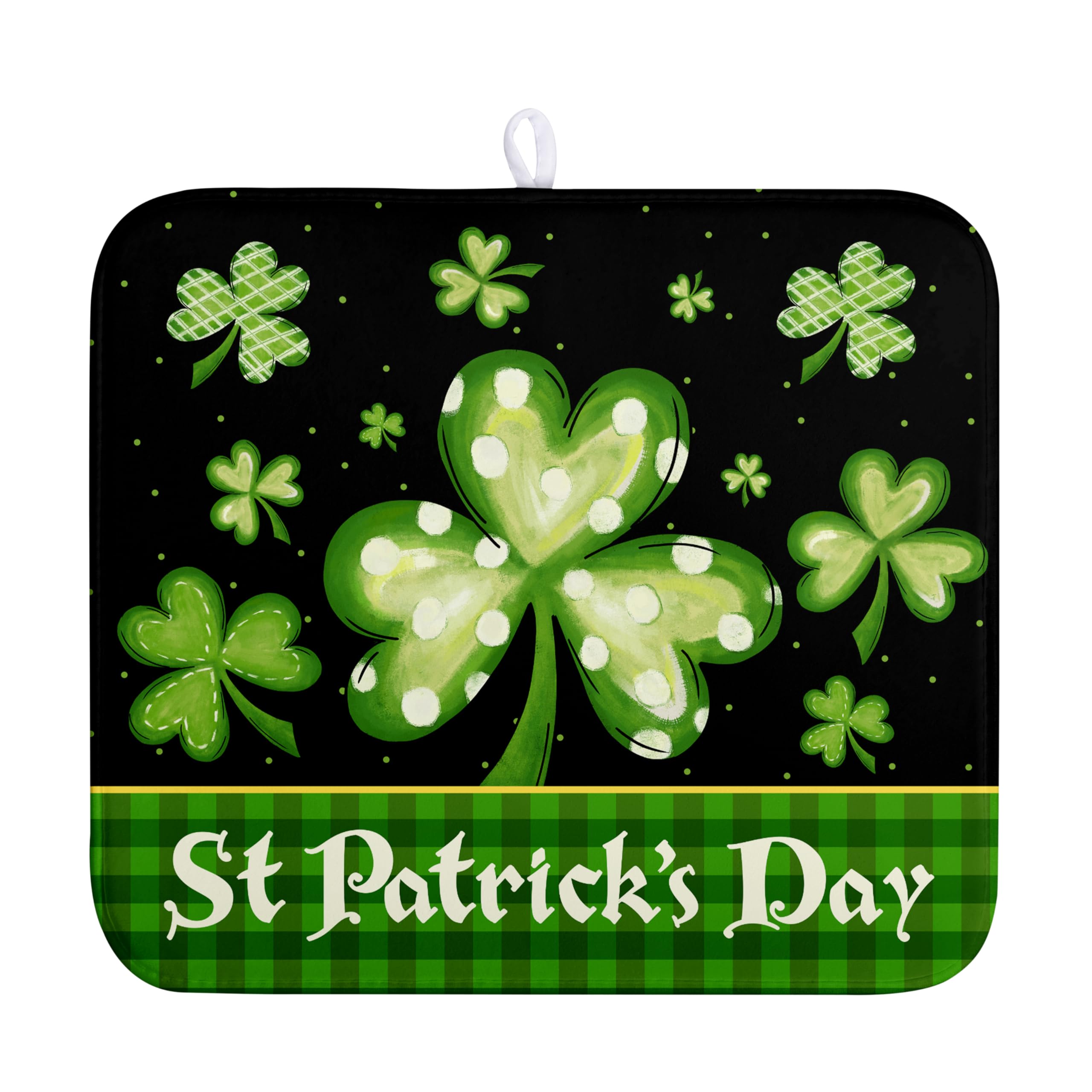 St Patricks Day Dish Drying Mats for Kitchen Counter 16x18 Inch Lucky Clovers Shamrock Green Buffalo Plaid Drying Mat Microfibe