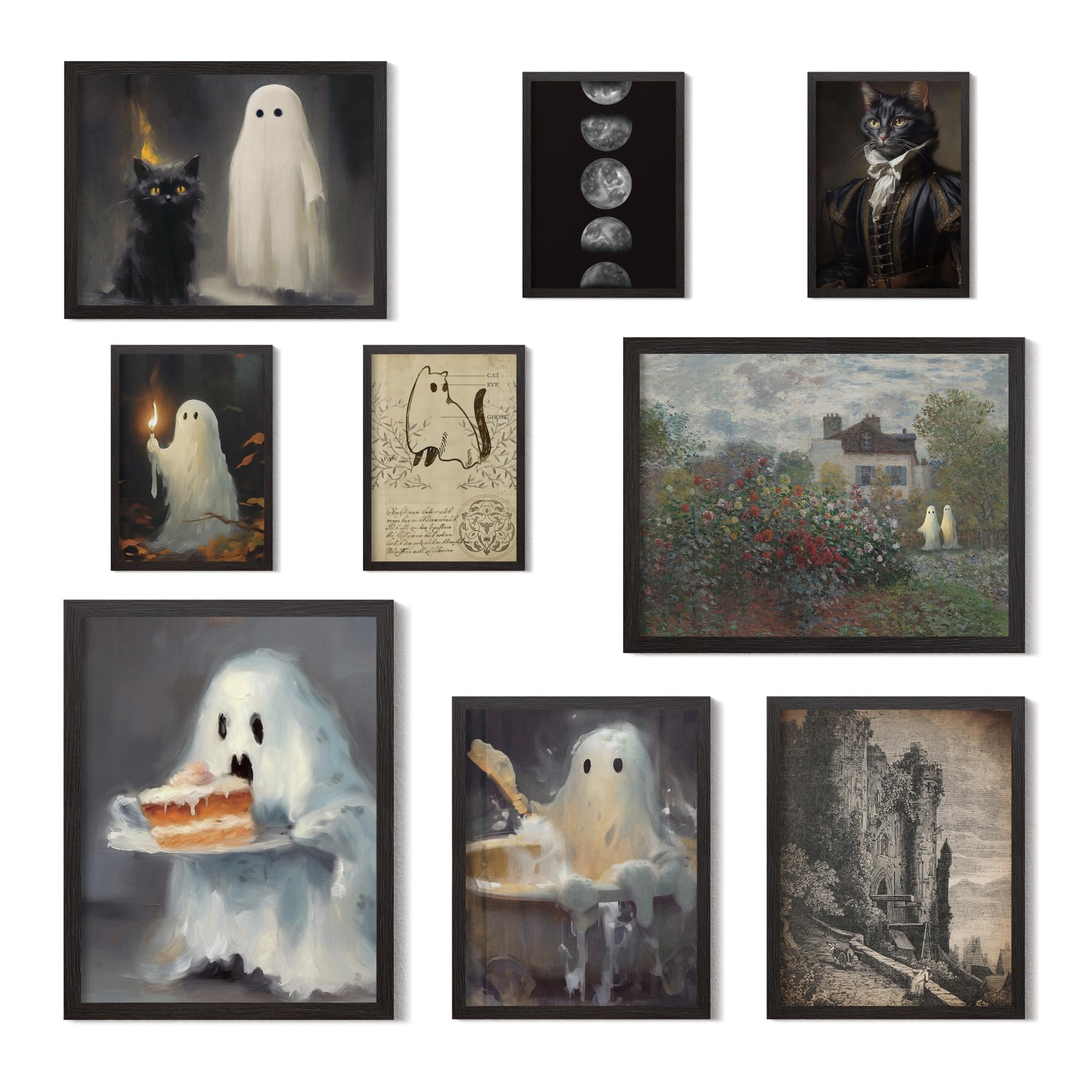 Putuo Decor Ghost Decor, 9Pcs Ghost Prints Wall Art Funny Black Cat Ghost Canvas Wall Decor, Dark Academia Room Decor, Creepy Ba