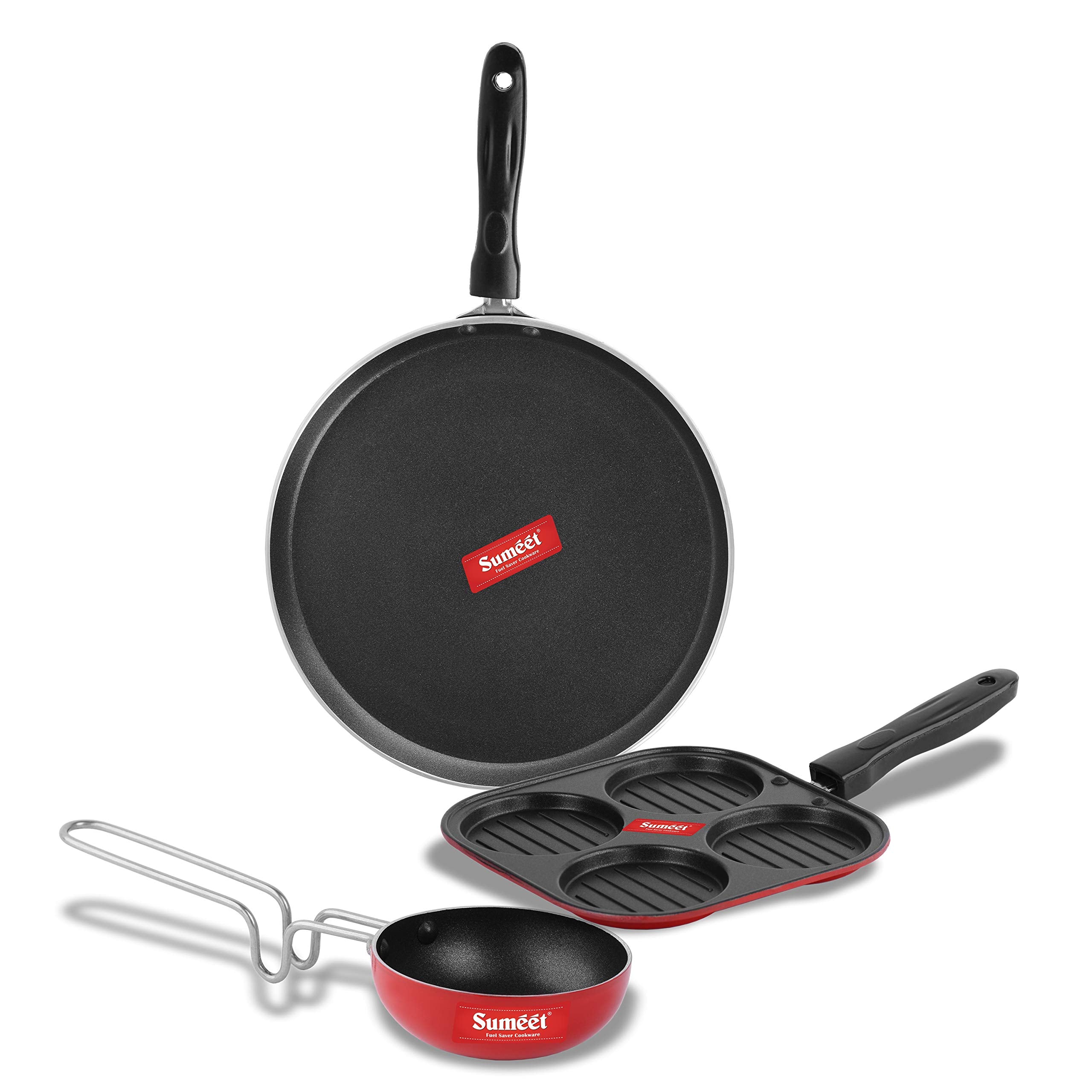 Sumeet 2.6Mm Thick Non-Stick Alroy Combo Set (Dosa Tawa - 26.5Cm Dia + Mini Multi Snack Maker - 19.5Cm Dia + Tadka Pan - 10Cm Di