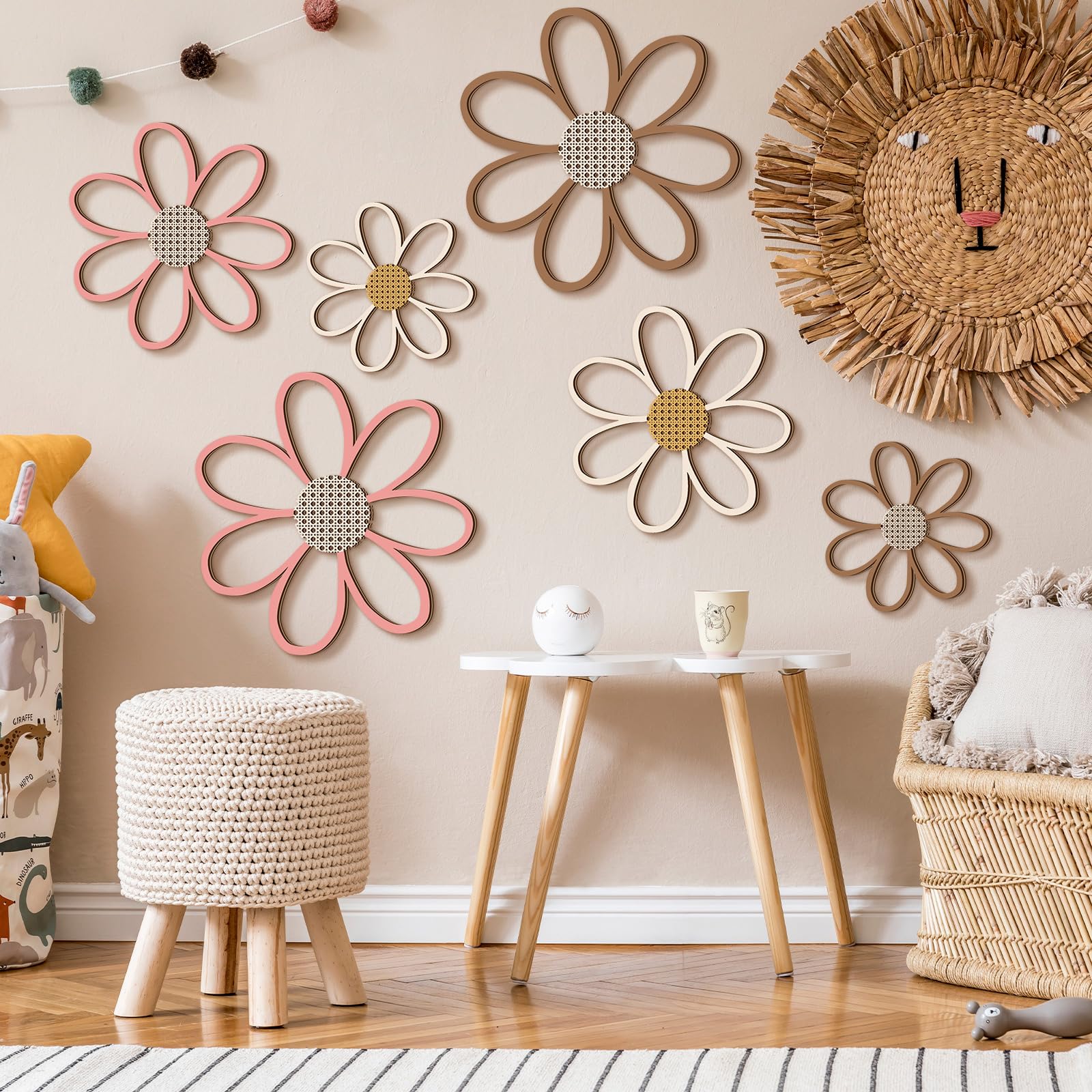 Thyle 6 Pcs Daisy Wall Decor Wooden Daisy Wall Art Flowers Signs Hanging Plaque for Home Nursery Bedroom Farmhouse Bathroom Deco