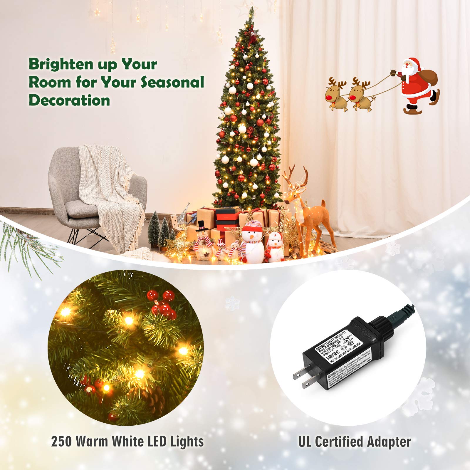 DREAMADE 6.5ft Pre-Lit Artificial Pencil Christmas Tree, Slim Xmas Tree w/ 806 PVC Branch Tips, 250 LED Lights, 62 Pine Cones& R