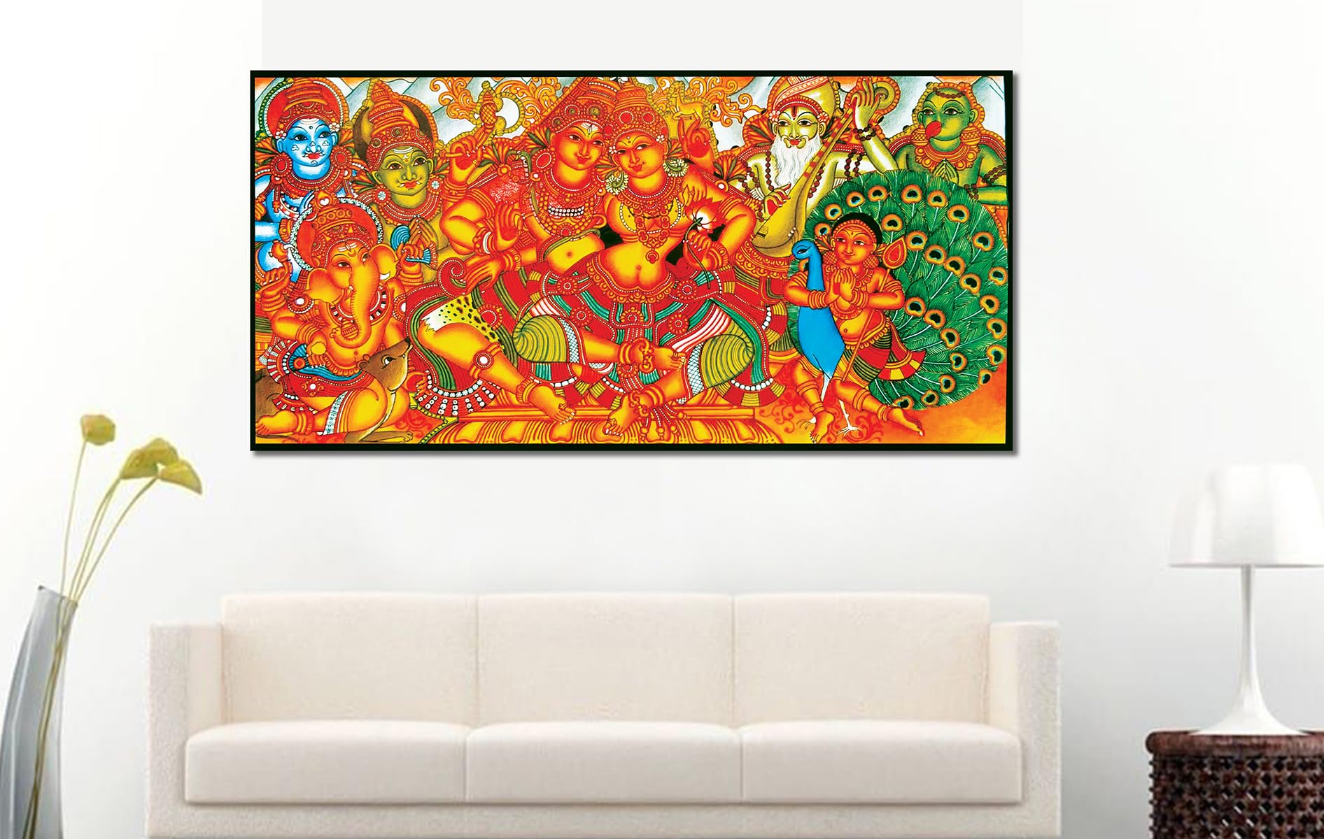 Namaste Home - Canvas Painting - Shiv & Parvati - Indian God - Traditional Art - Kerala Mural Art - Living Room Wall Decor, 34x1