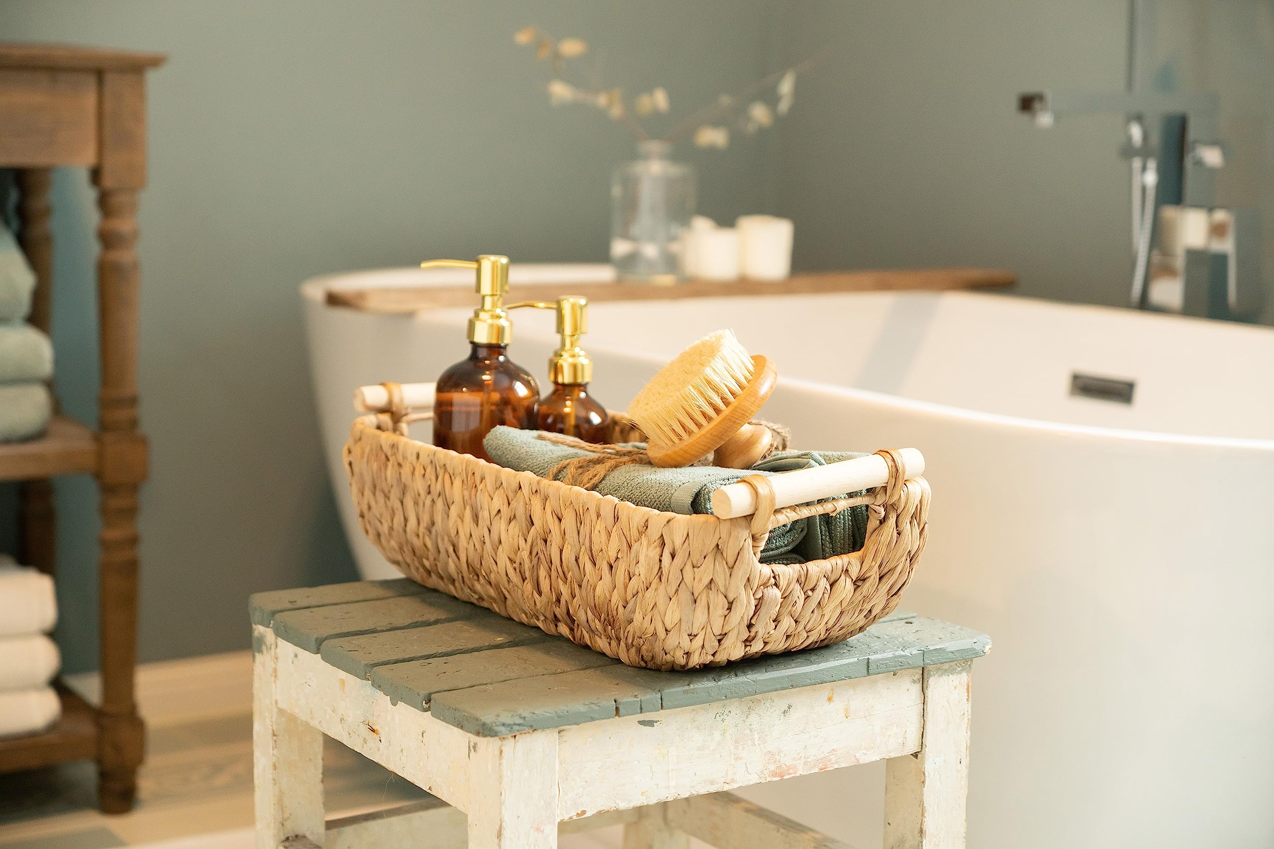 Decorasian Woven Water Hyacinth Bathroom Basket - Storage Basket For Toilet Paper Or Towels - Long And Narrow For Bathroom Stora