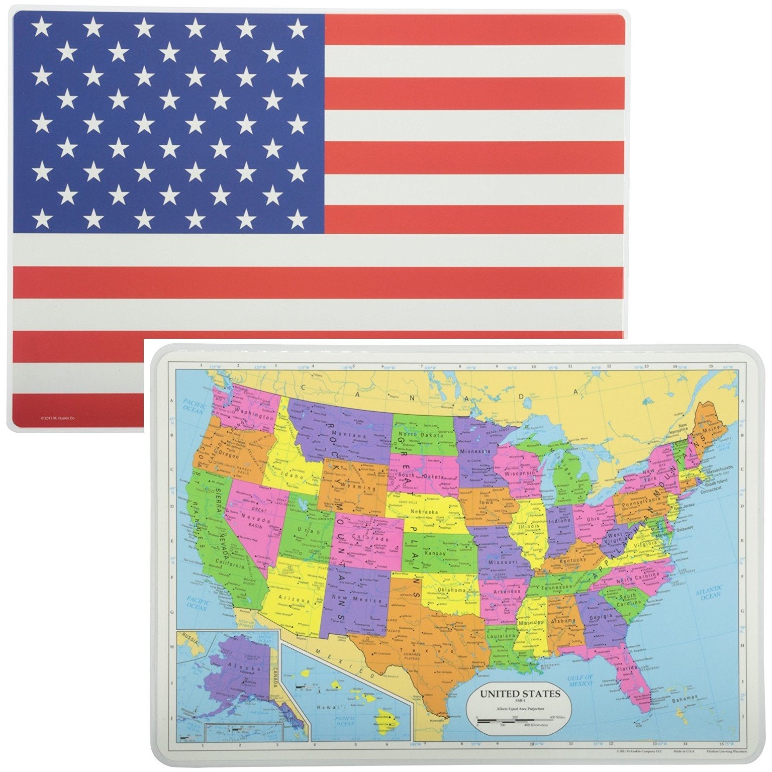 Painless Learning Educational Placemats Usa Map And American Flag Set Non Slip Washable