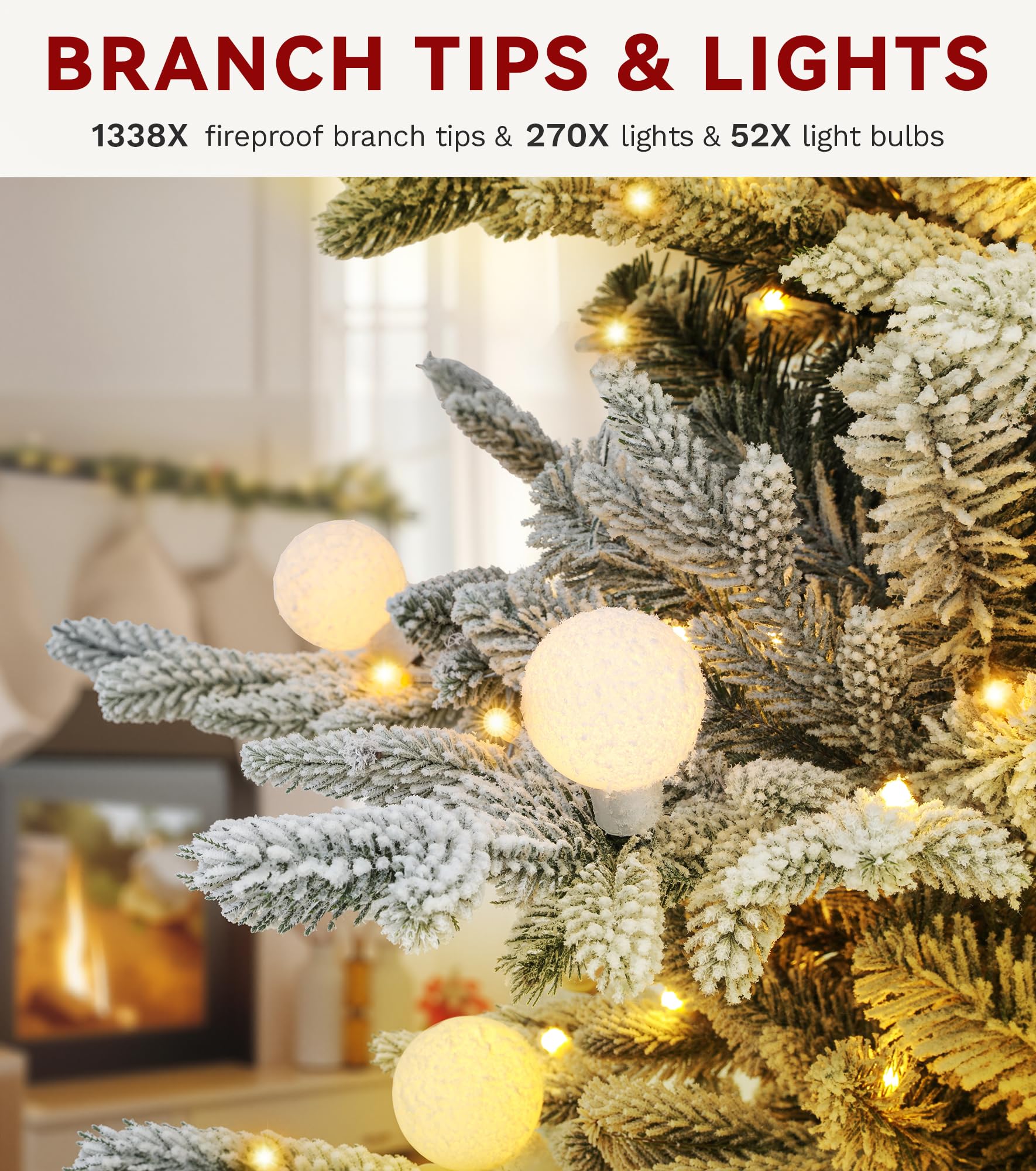 DWVO 6ft Prelit Flocked Christmas Tree with Bulbs and Lights, Full Arctic Fir Artificial Xmas Tree with 1336 Metal Hinged PE & P