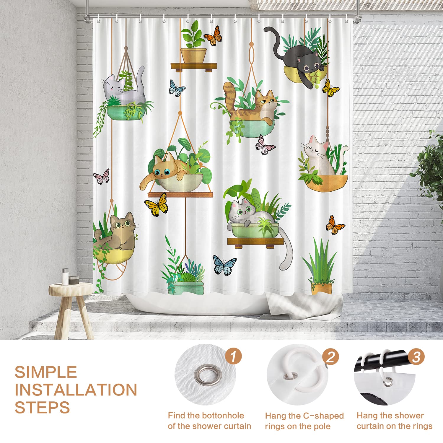 Hanging Potted Plants Cat Shower Curtain, Bracketplant Kitty Shower Curtain For Bathroom With 12 Hooks, Polyester Fabric Waterpr