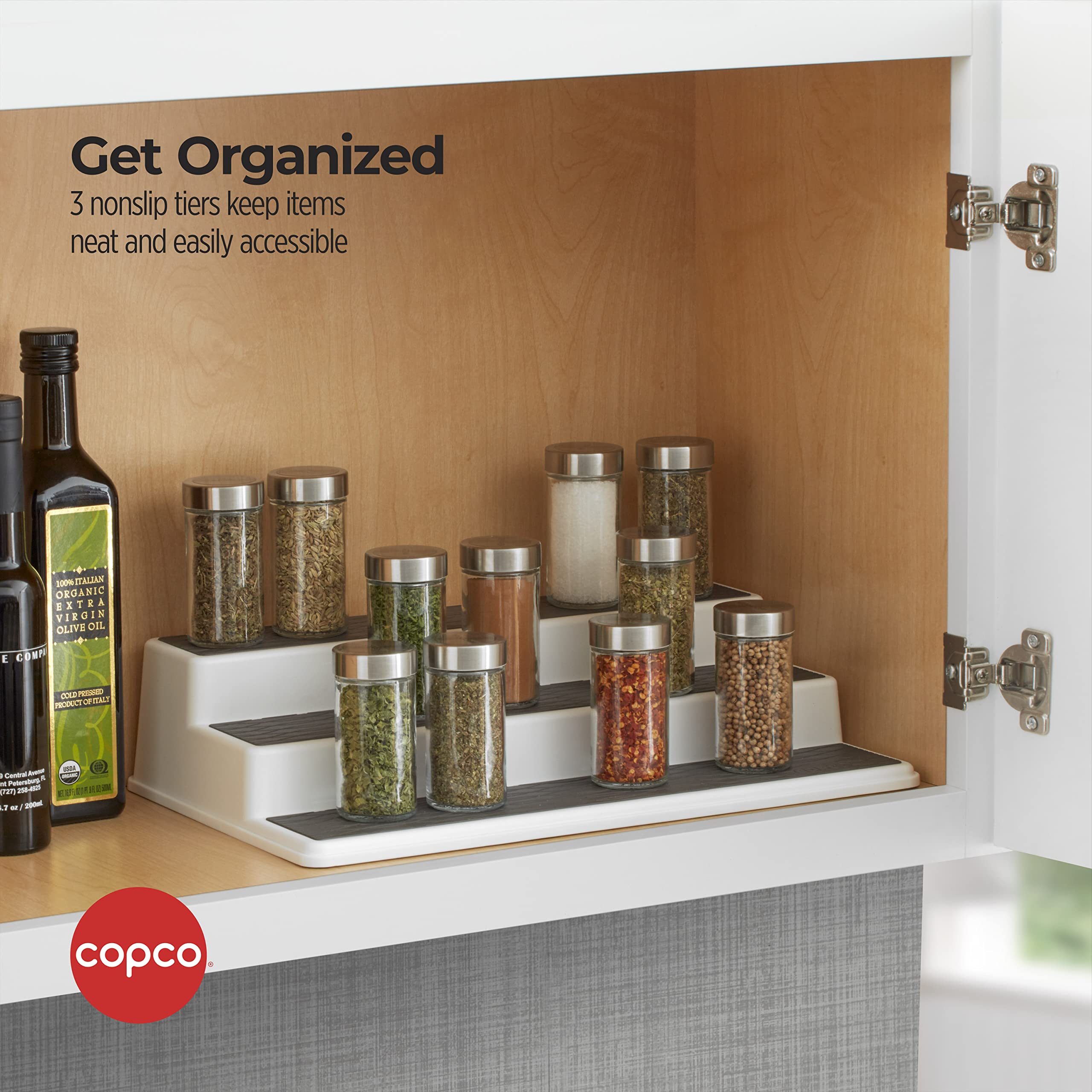 Copco 2555-0188 Non-Skid 3-Tier Spice Pantry Kitchen Cabinet Organizer  15-Inch  White/Gray