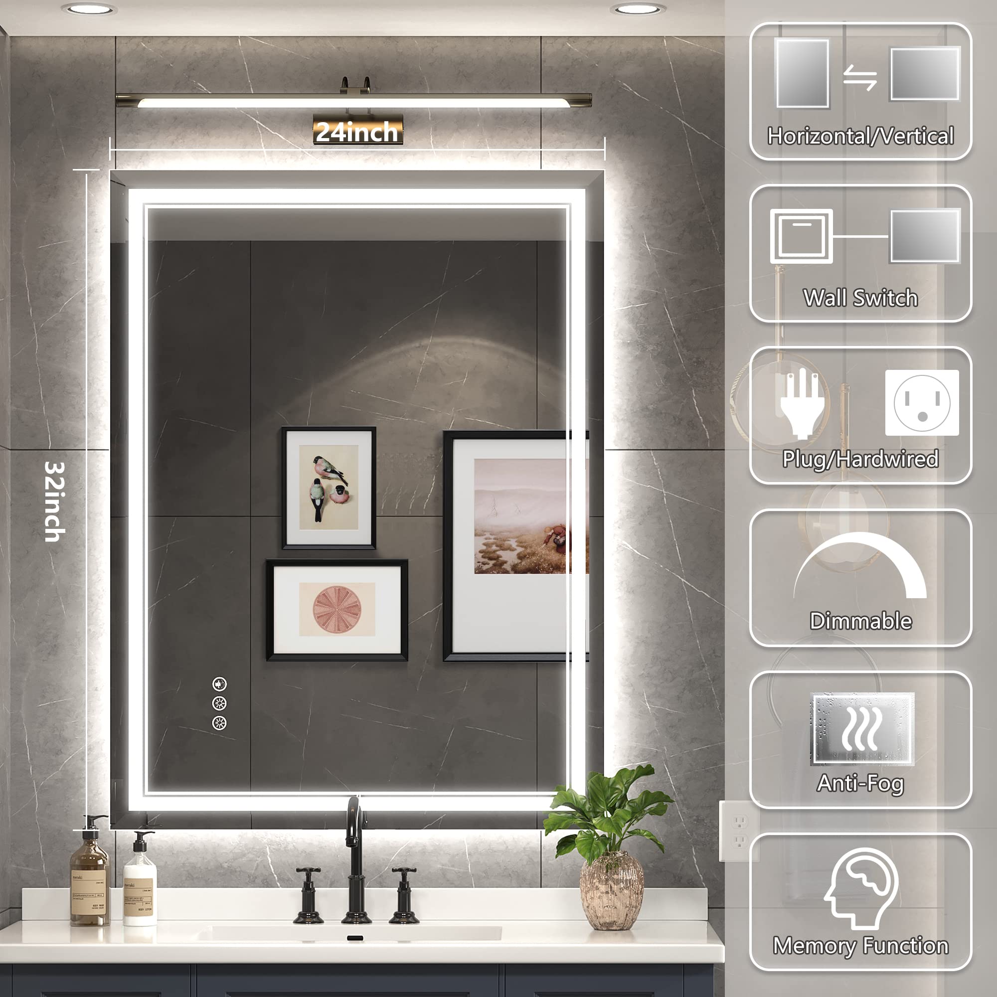 Ratsamee 24X32 Inch Led Mirror For Bathroom With Front Light And Backlit, Dimmable Anti Fog Wall Bathroom Mirror With Led Lights