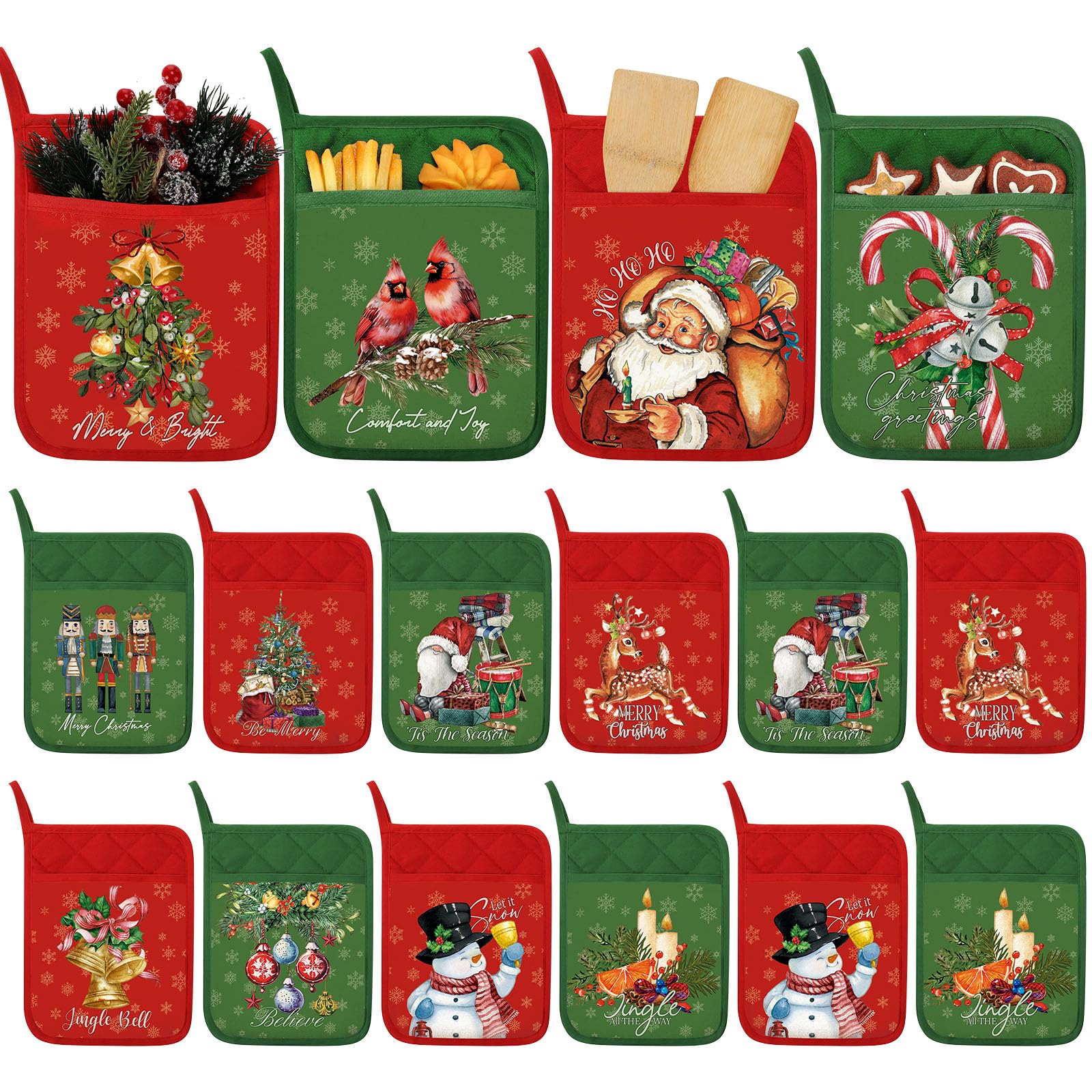 Leinuosen 12 Pcs Christmas Pot Holders with Pocket Xmas Retro Pot Holders for Kitchen Winter Hot Pads Oven Mitts Cookie Bag Red 
