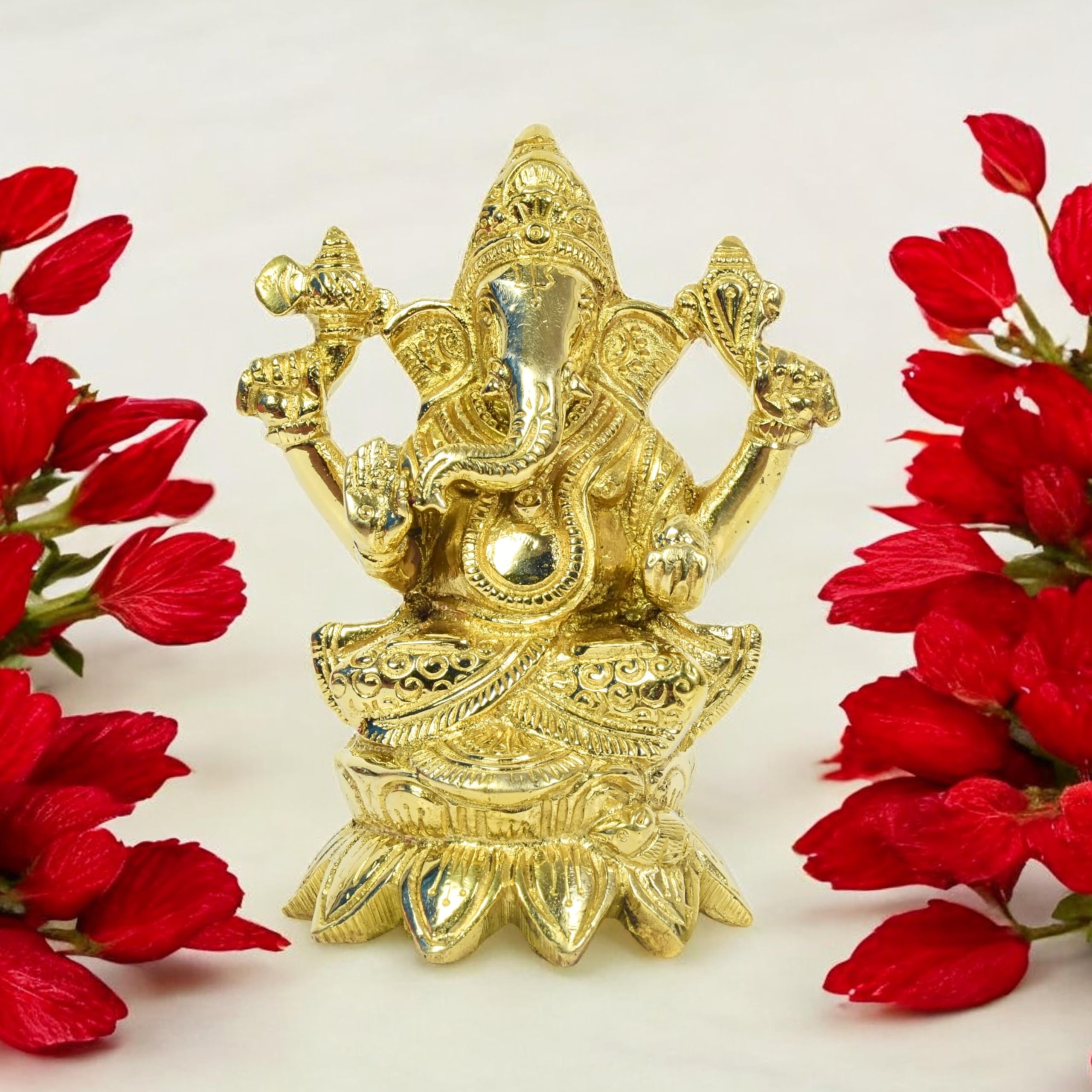 Devgram Brass Ganesh Idol - 5 Inch Brass Ganpati Murti God Sitting Ganesha Vinayak Murti | Showpiece For Home Dcor, Office, Vast