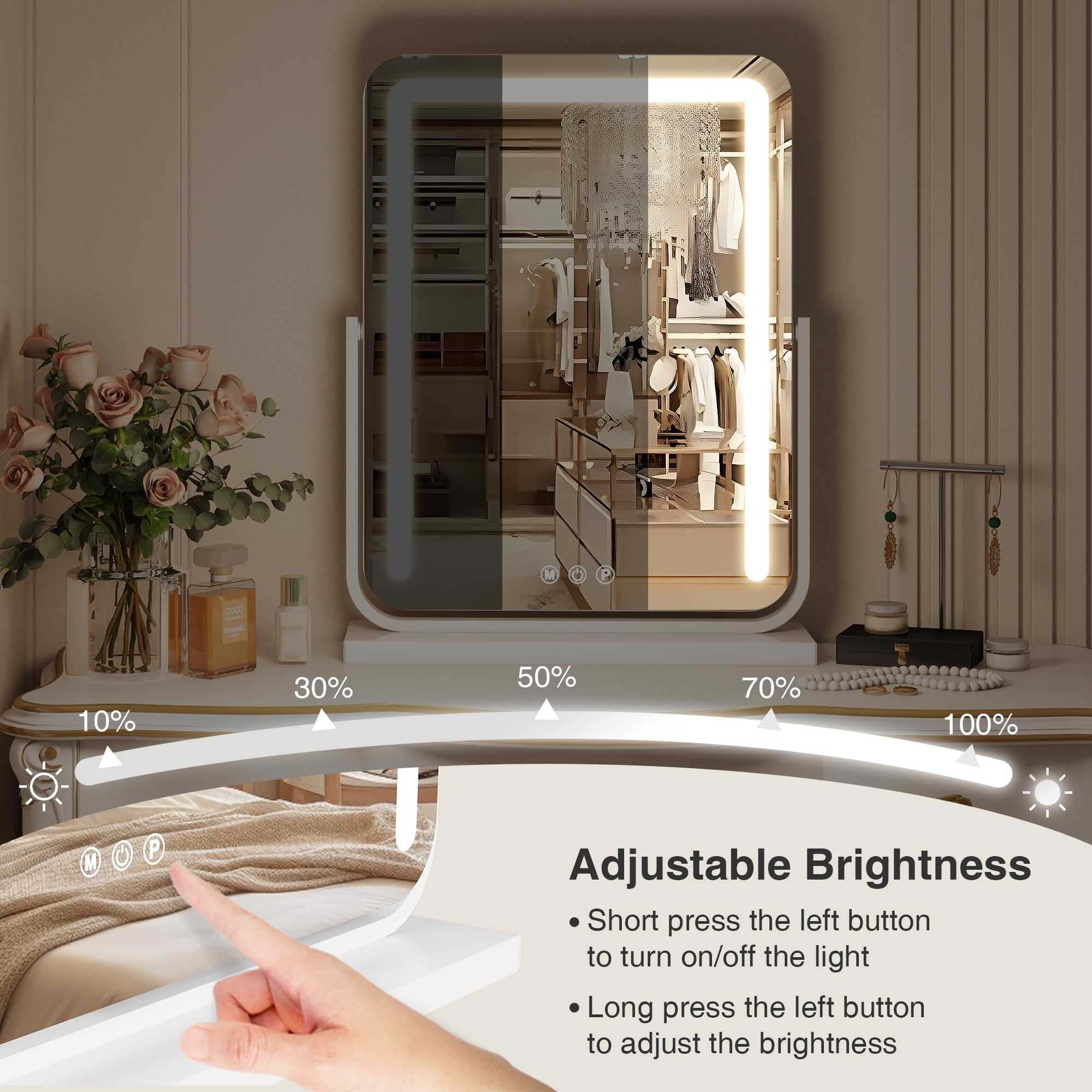 Lighted Makeup Mirror With Lights,Dimmable Touch Control Vanity Mirror For Desk/Bedroom,10X Magnifier & 360 Rotation,3 Color Mod