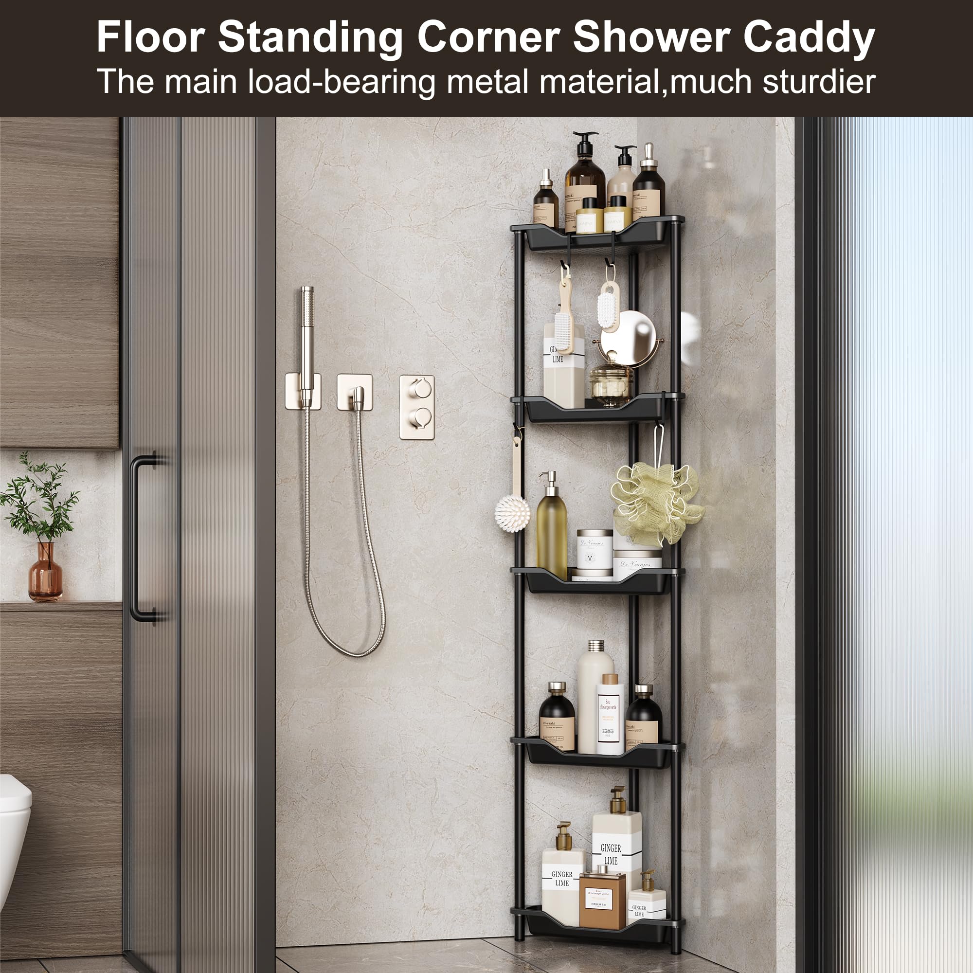 Orimade Rustproof 5 Tier Floor Standing Corner Shower Caddy Organizer, Plastic Metal Splicing Floor Corner Shelf Rack Stands For