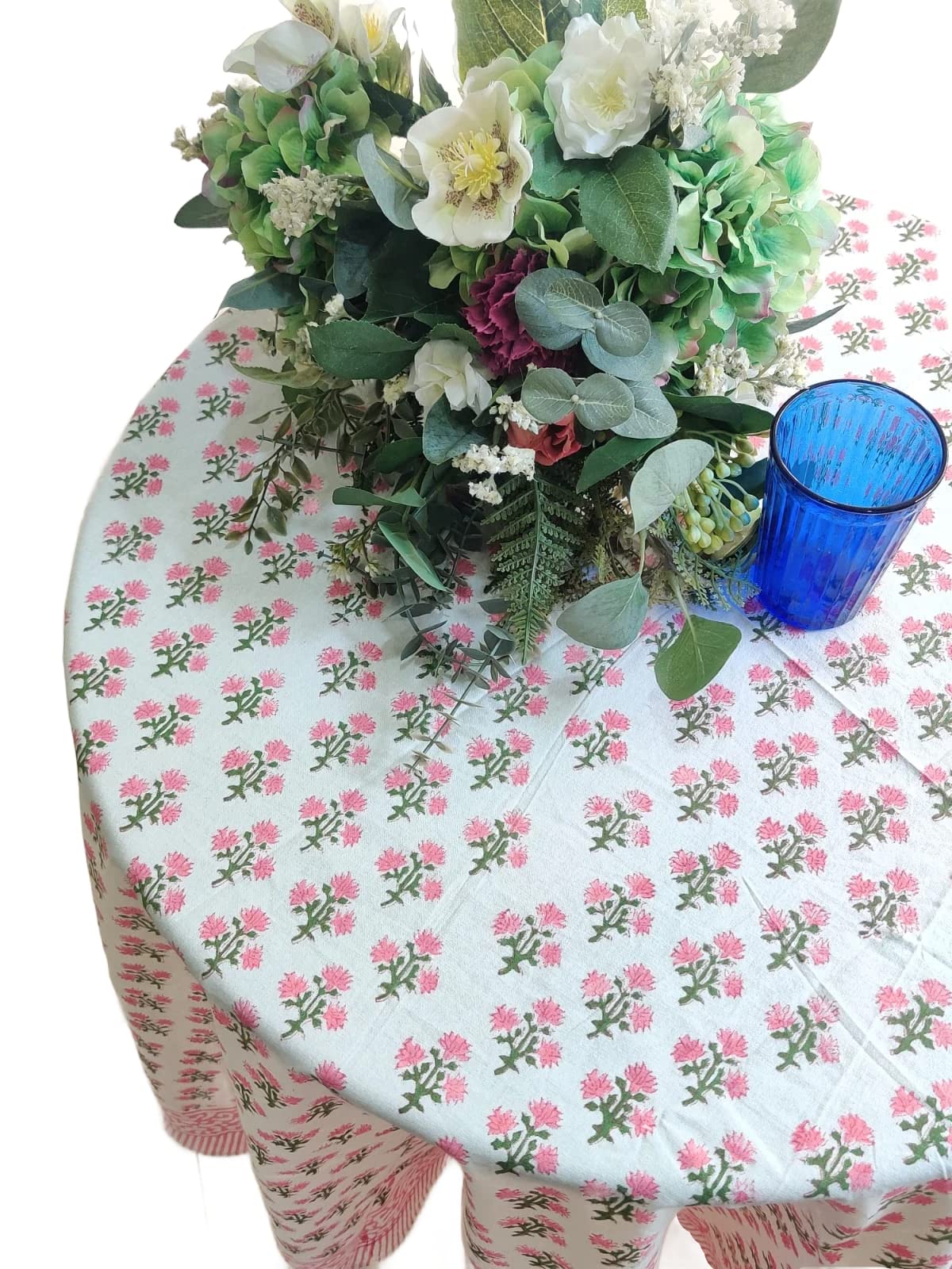 Atosii Gulbahar White Pink 100% Cotton Spring Summer Round Tablecloth, Block Print Table Cloth For Dining, Weddings, Outdoors, P