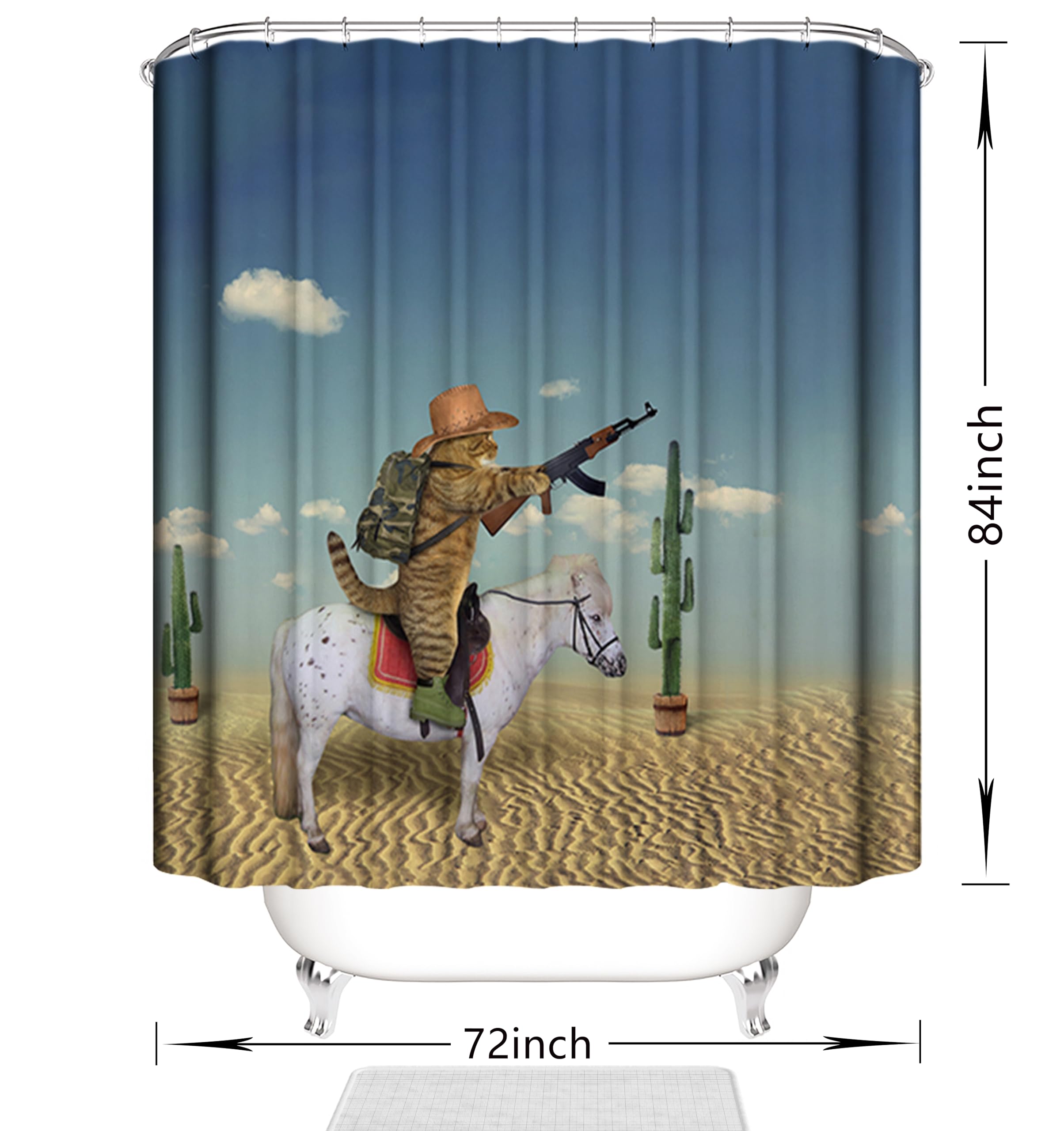 Domoku Cat Shower Curtain Cute Funny Cowboy Cat Riding Horse In The Desert Bathroom Shower Curtains Polyester Fabric Waterproof
