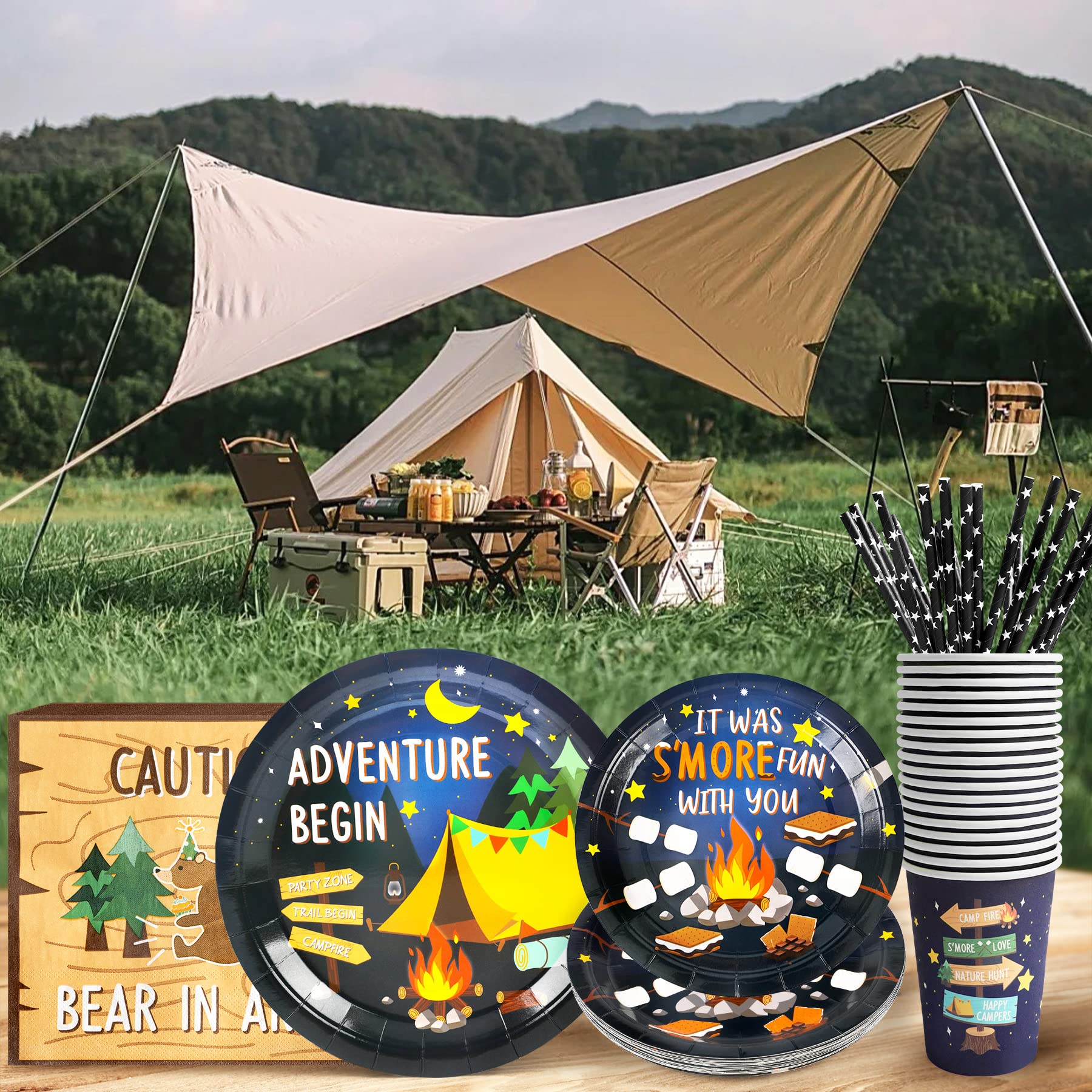 Camping Party Supplies Decorations, Campfire Hiking Camper Theme Birthday Paper Plates And Napkins Set With Cups And Straws For