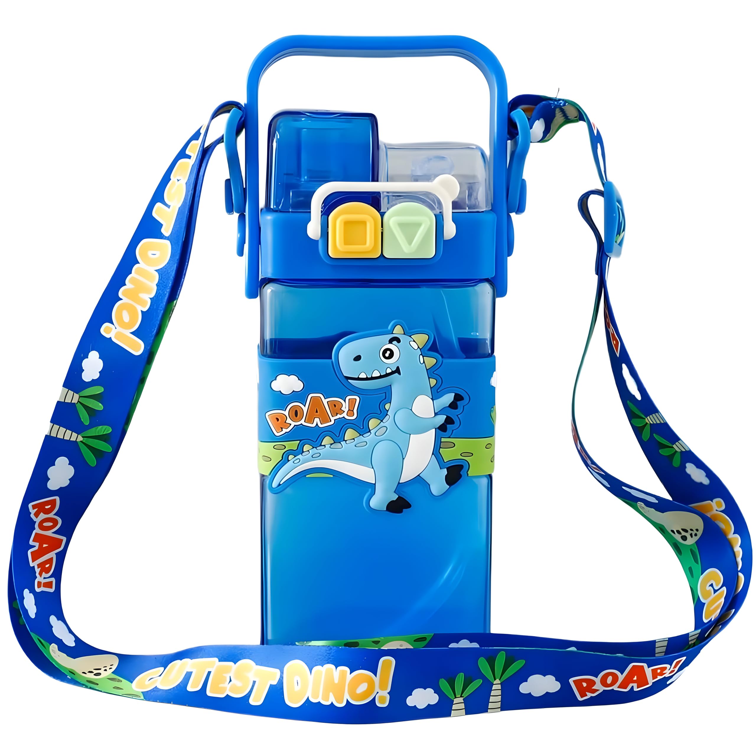 Jollyora Dino Kids Cartoon Water Bottle With Adjustable Strap, LeakProof Double Drinking Straw Cup, Portable Tumbler For School