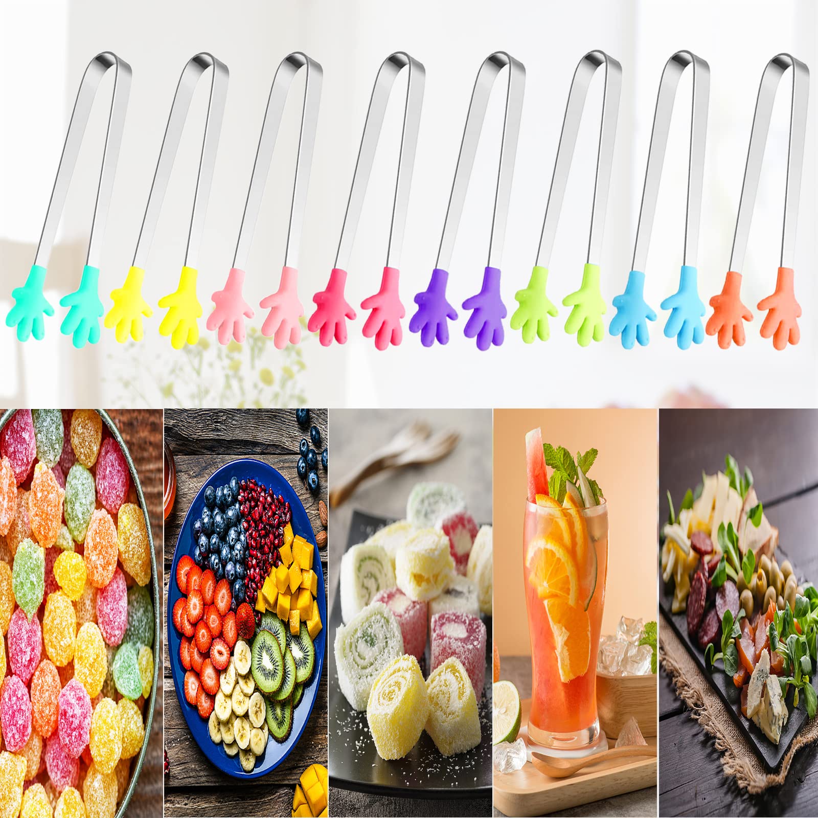 8Pcs Silicone Mini Tongs, 5Inch Hand Shape Food Tongs, Colourful Small Kids Tongs For Serving Food, Ice Cube, Fruits, Sugar, Bar