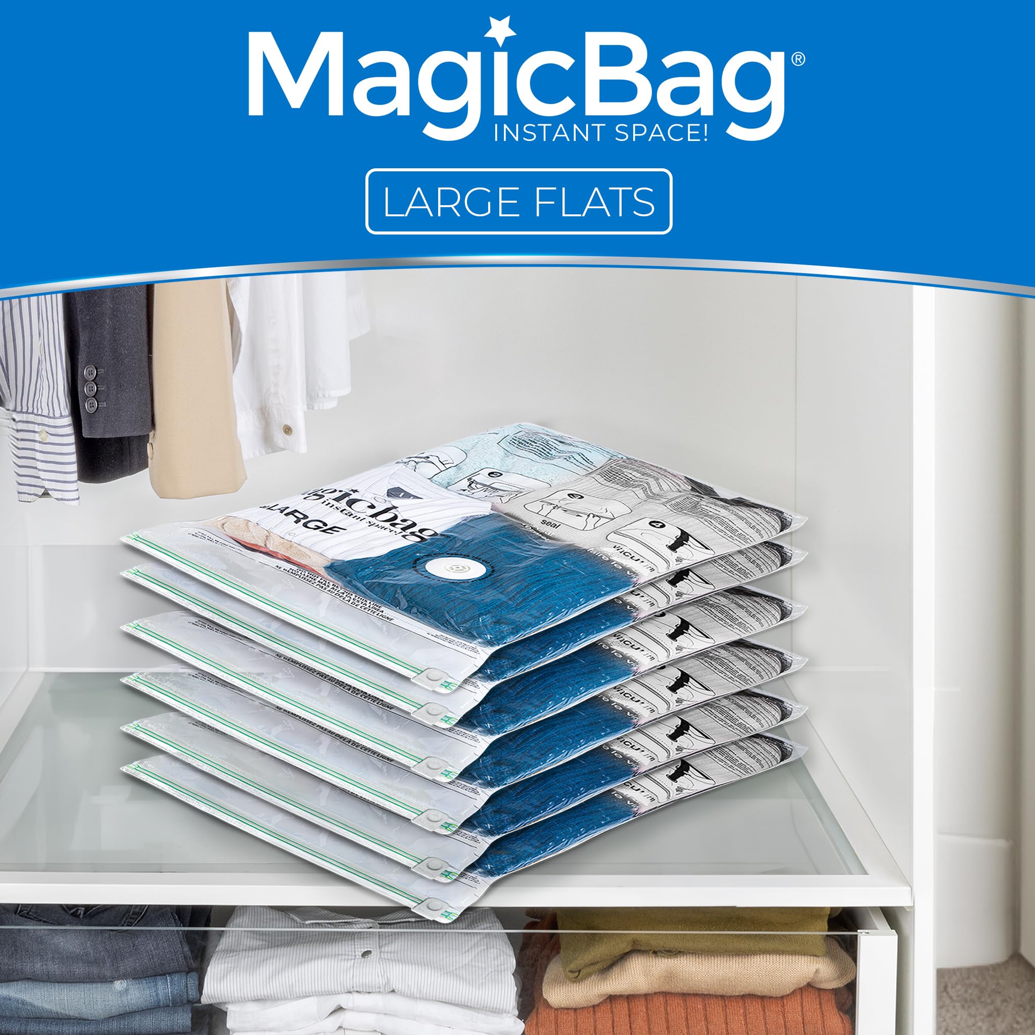 MagicBag 6-Pack Large Flat Vacuum Compression Bags Instant Space Saving Storage - Airtight Double Zipper - Clothing  Pillows  Bedding  Linens  Blankets  Coats - Home Organization and Storage