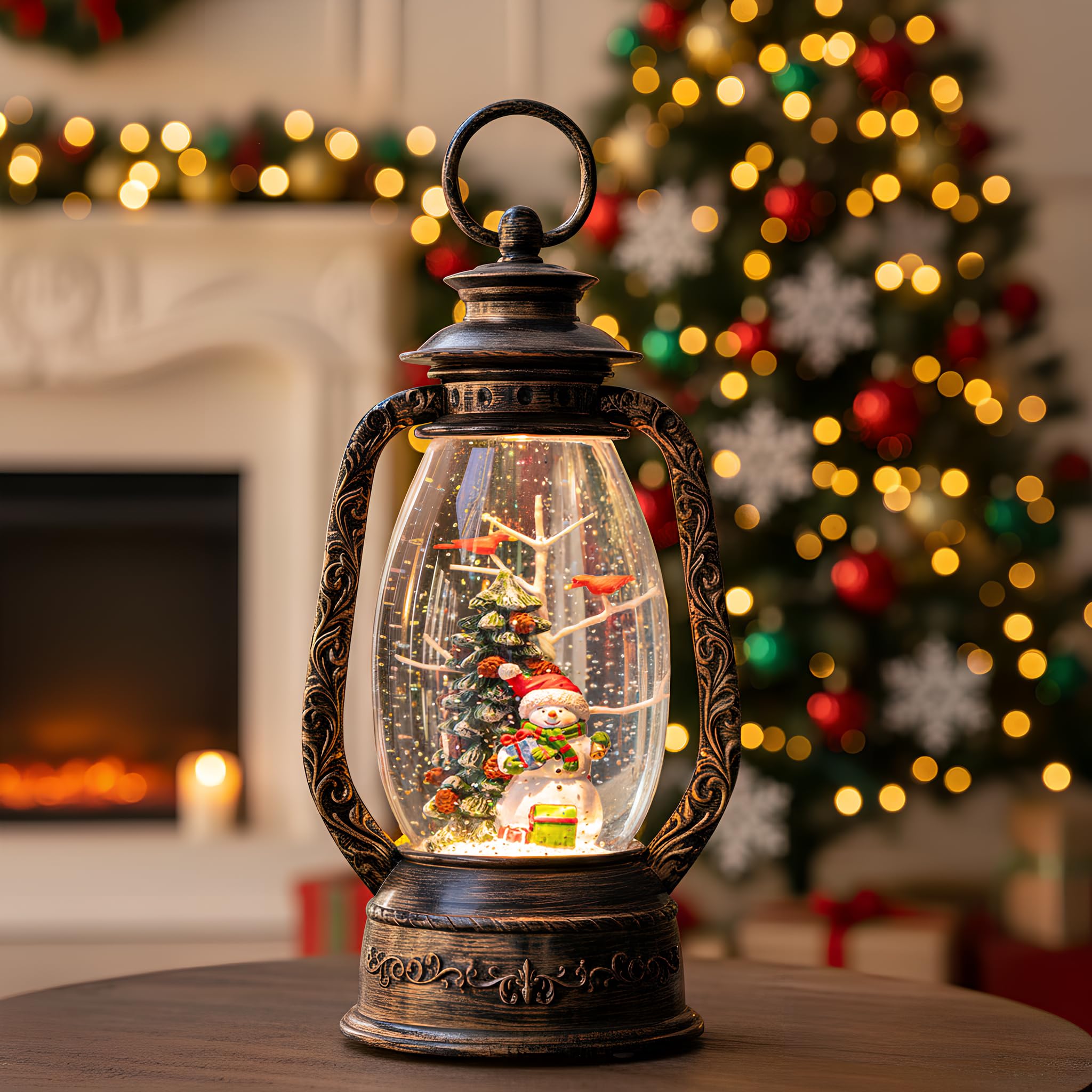 12 Christmas Musical Snow Globe Lantern Spinning Water Glittering Snowman with Holiday Tree Scene, Battery & USB Powered Light