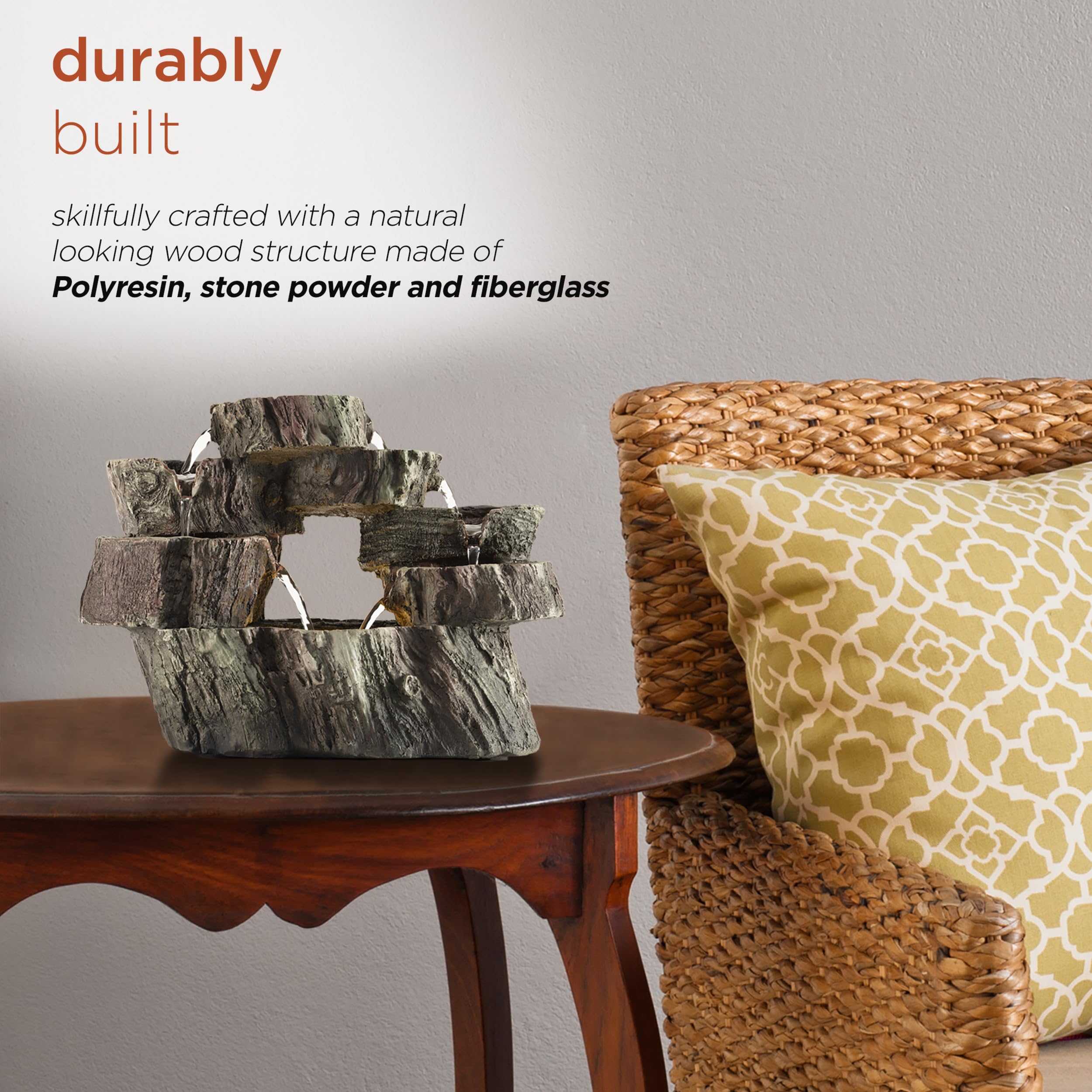 Alpine Corporation WIN1134 10 Indoor Tabletop Tiered Tree Trunk Waterfall Fountain with LED Lights - Rustic Cascading Water Feat