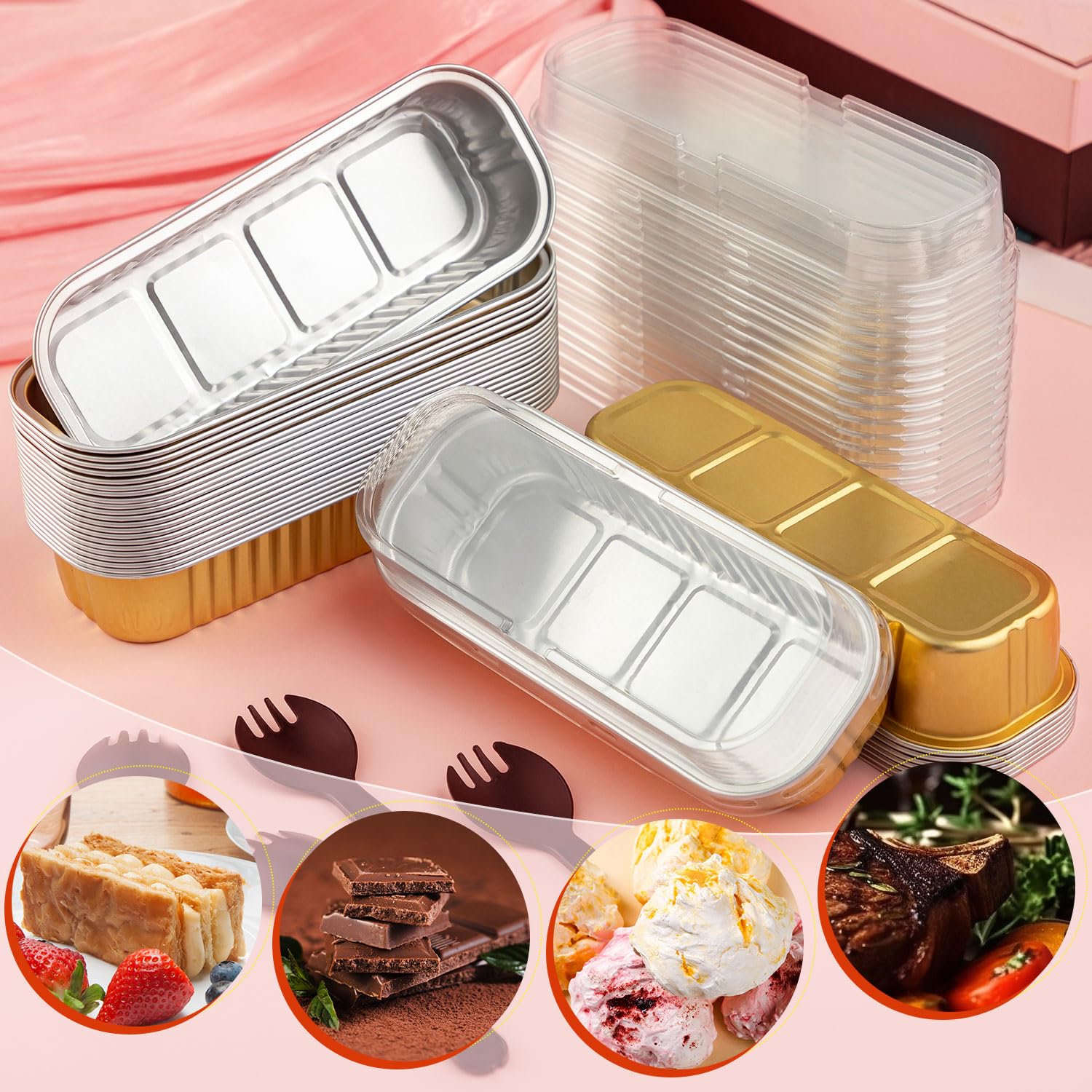 Ffniu 60Pcs Mini Loaf Pans With Lids And Spoons, Aluminum Foil Baking Pans, Rectangle Mini Cake Pans, Brownie Baking Cups For Pi