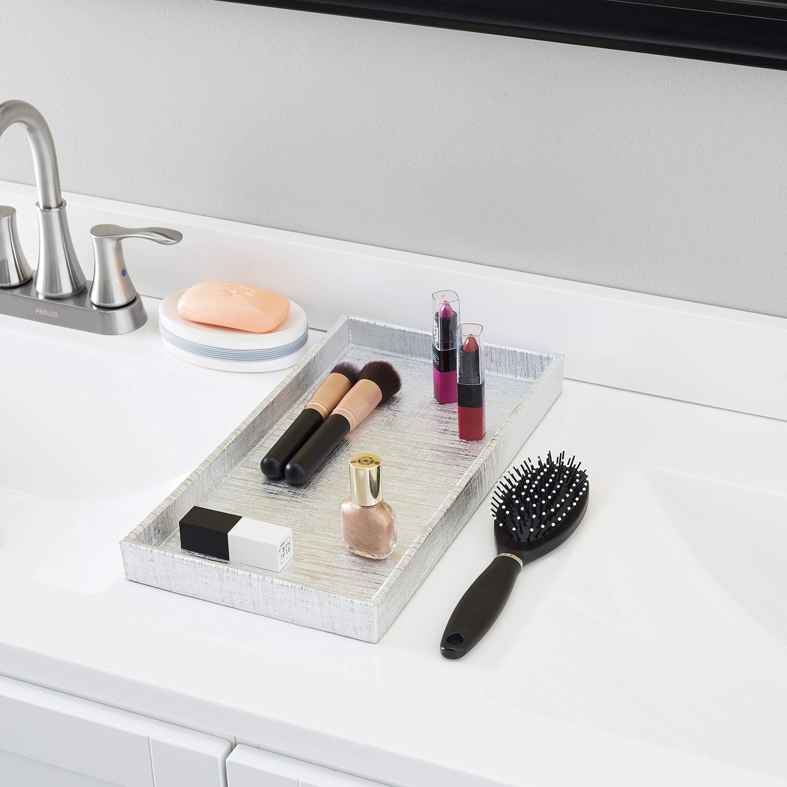 Home Basics Vanity Tray For Makeup, Jewelry, Perfume, Cosmetics Storage, Bathroom Organizer (Horizontal, Metallic Weave)