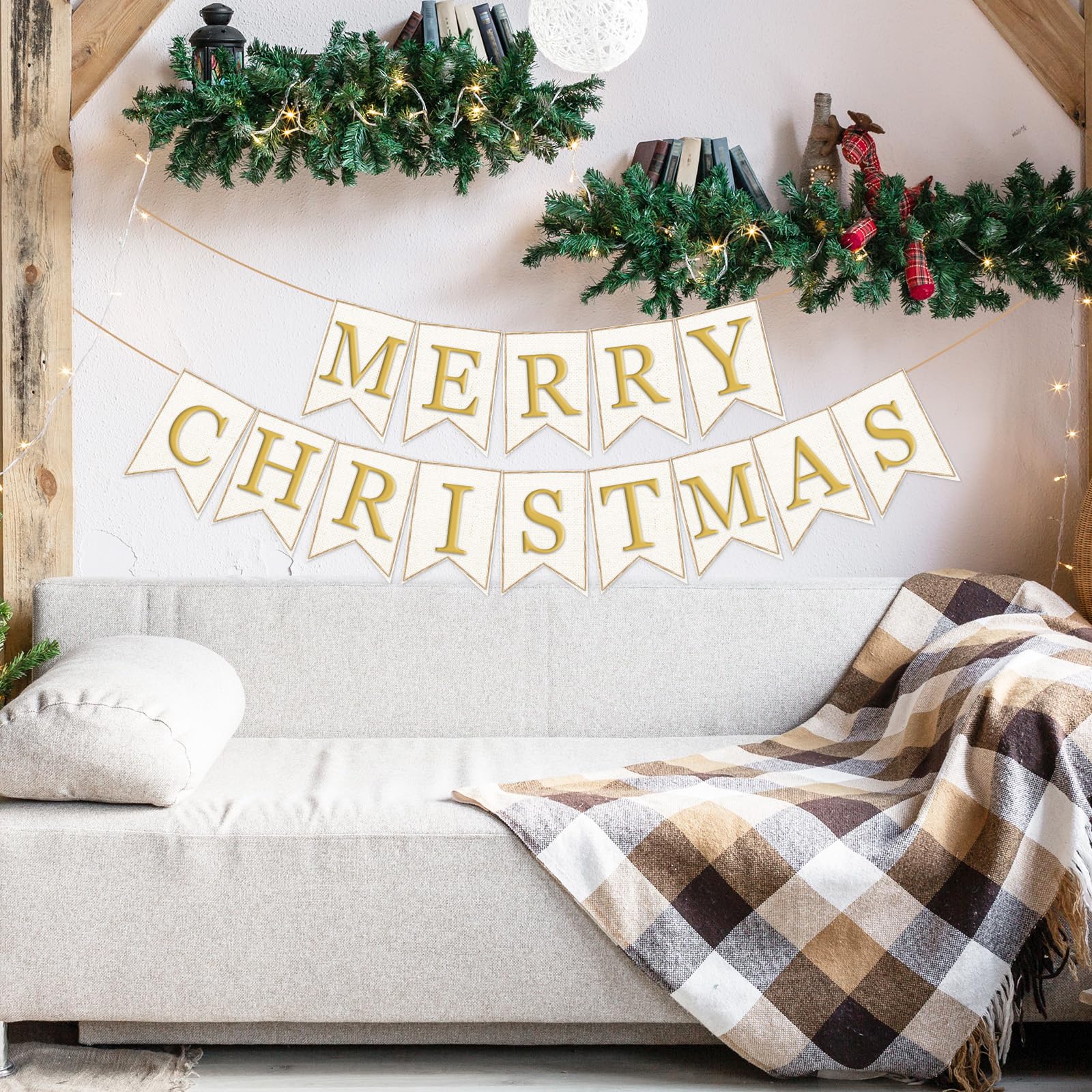 Whaline 2Pcs Christmas Burlap Banner Felt Merry Christmas Banner Gold White Pre-Assembled Xmas Bunting Garland For Home Party Ha