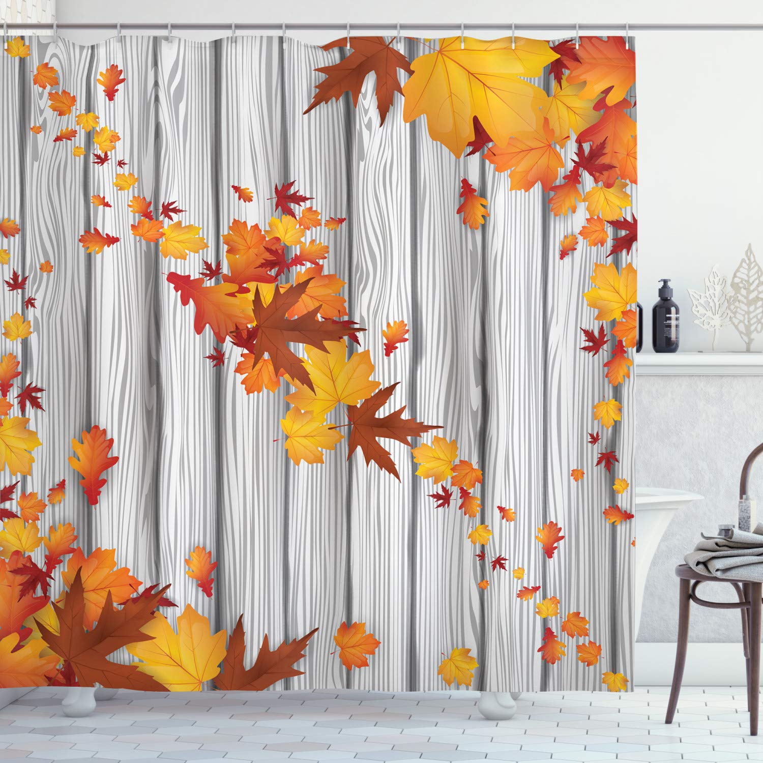 Ambesonne Autumn Shower Curtain, Fall Maple Leafs Tree Diagonal Leaves Foliage Rustic Wooden Planks, Cloth Fabric Bathroom Decor