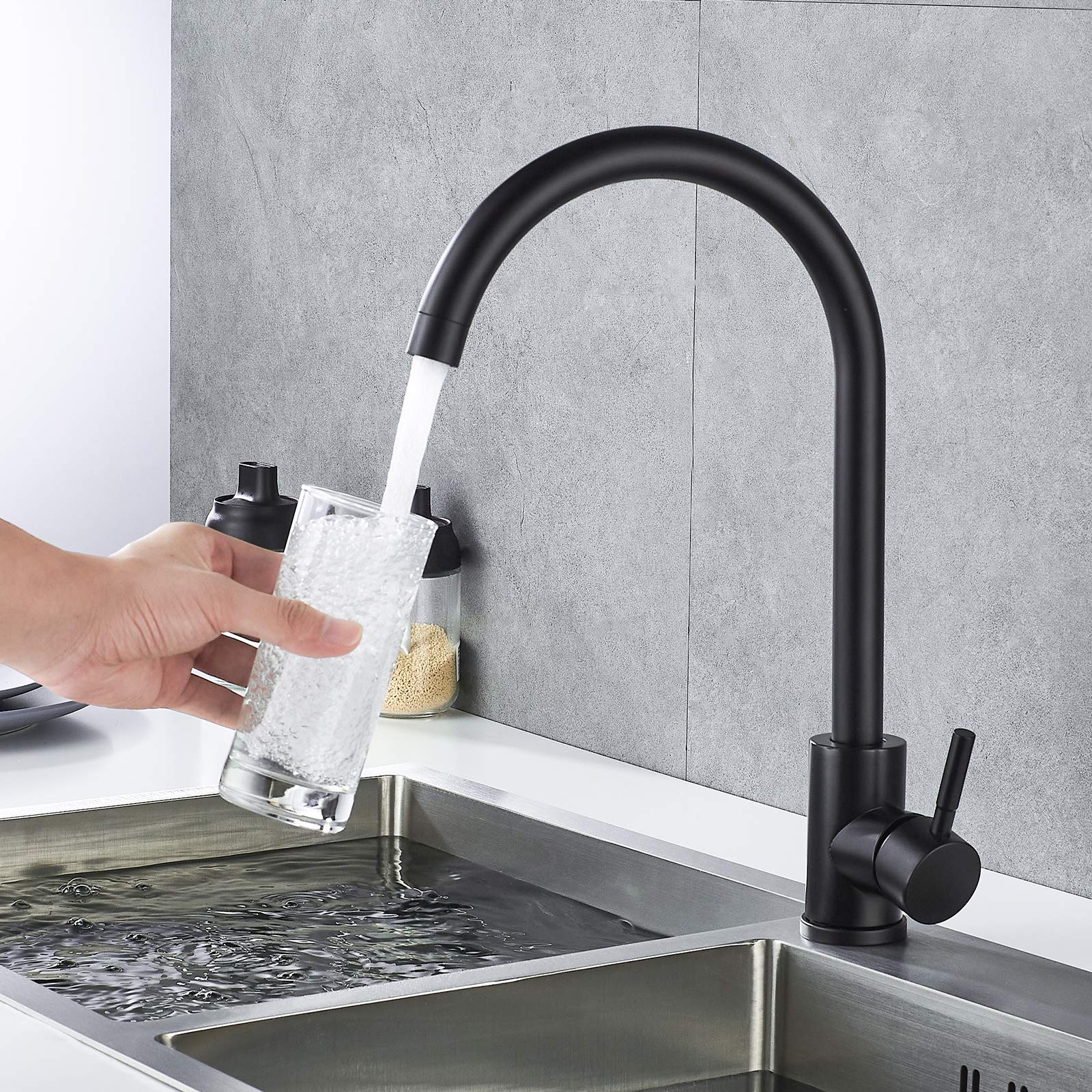 Kohonby High Arc Matte Black Kitchen Faucet Single Handle Stainless Steel Commercial Single Hole Kitchen Sink Faucet Modern One Hole Bar Sink Faucet (Matte Black)