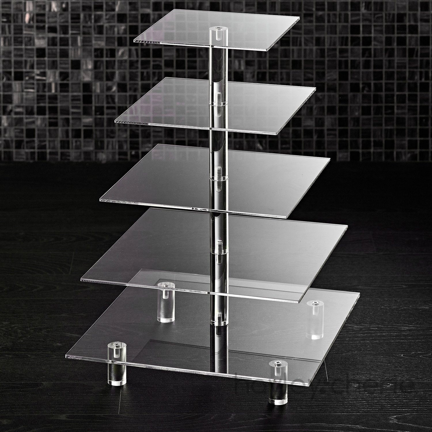 5 Tier Acrylic Cupcake Stand, Extra Thick 5Mm Base, Large Cupcake Tower, Multi Tiered Cake Stand Square Clear Holder For Dessert
