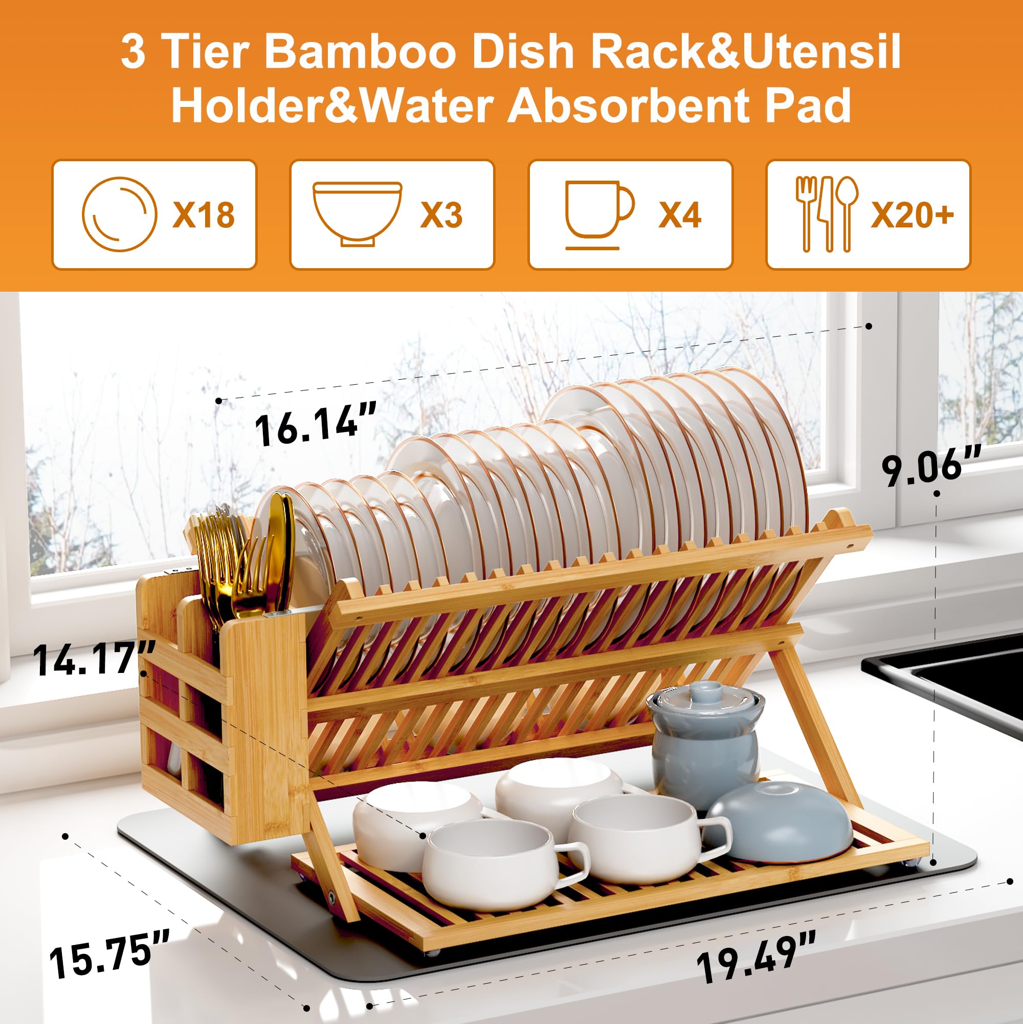 Greenual Bamboo Dish Drying Rack With Utensil Holder, 3 Tier Collapsible Dish Rack, Wooden Dish Racks For Kitchen Counter, Large