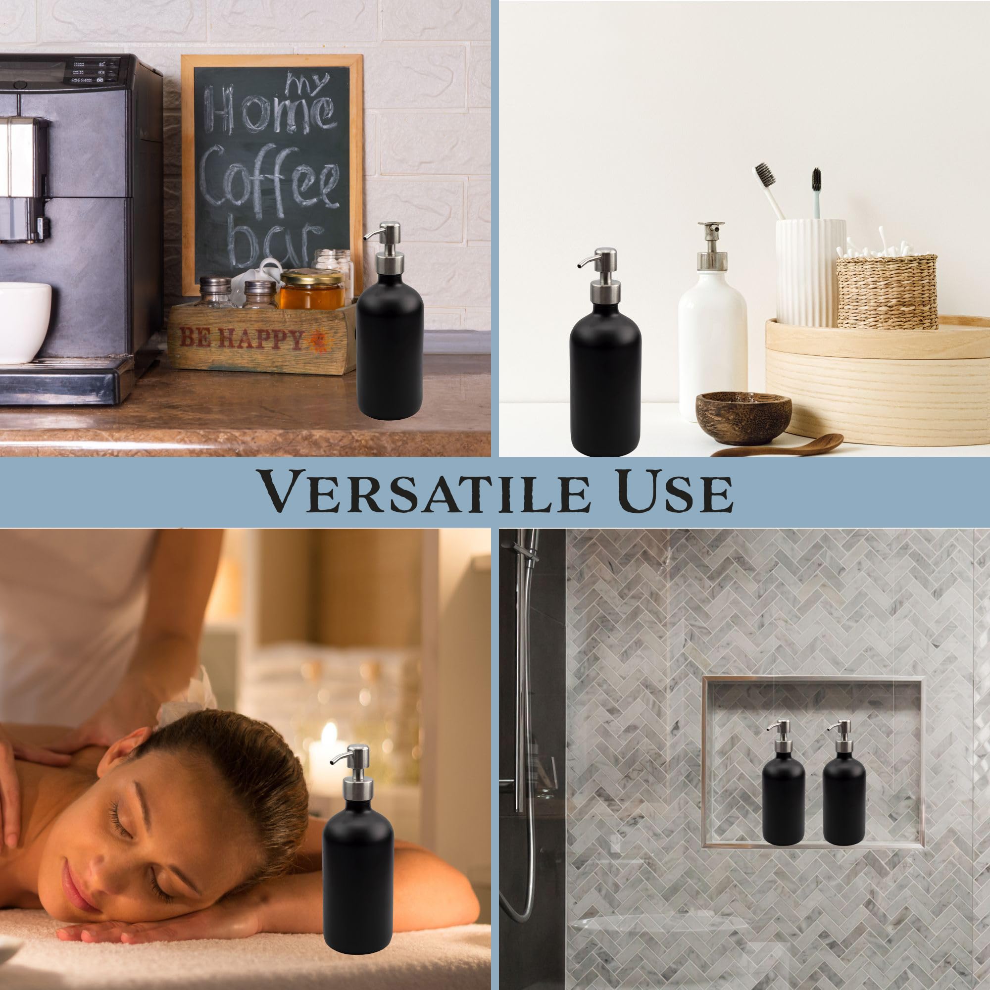 16Oz Black Glass Bottles W/Stainless Steel Pumps (2-Pack); Black Coated Boston Round; Lotion, Hand Care & Soap Dispensers